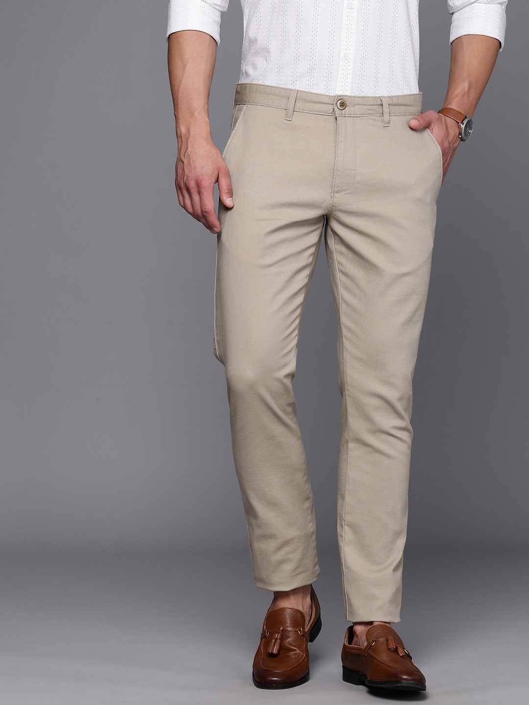 

Louis Philippe Sport Men Textured Super Slim Fit Chinos Trousers, Beige