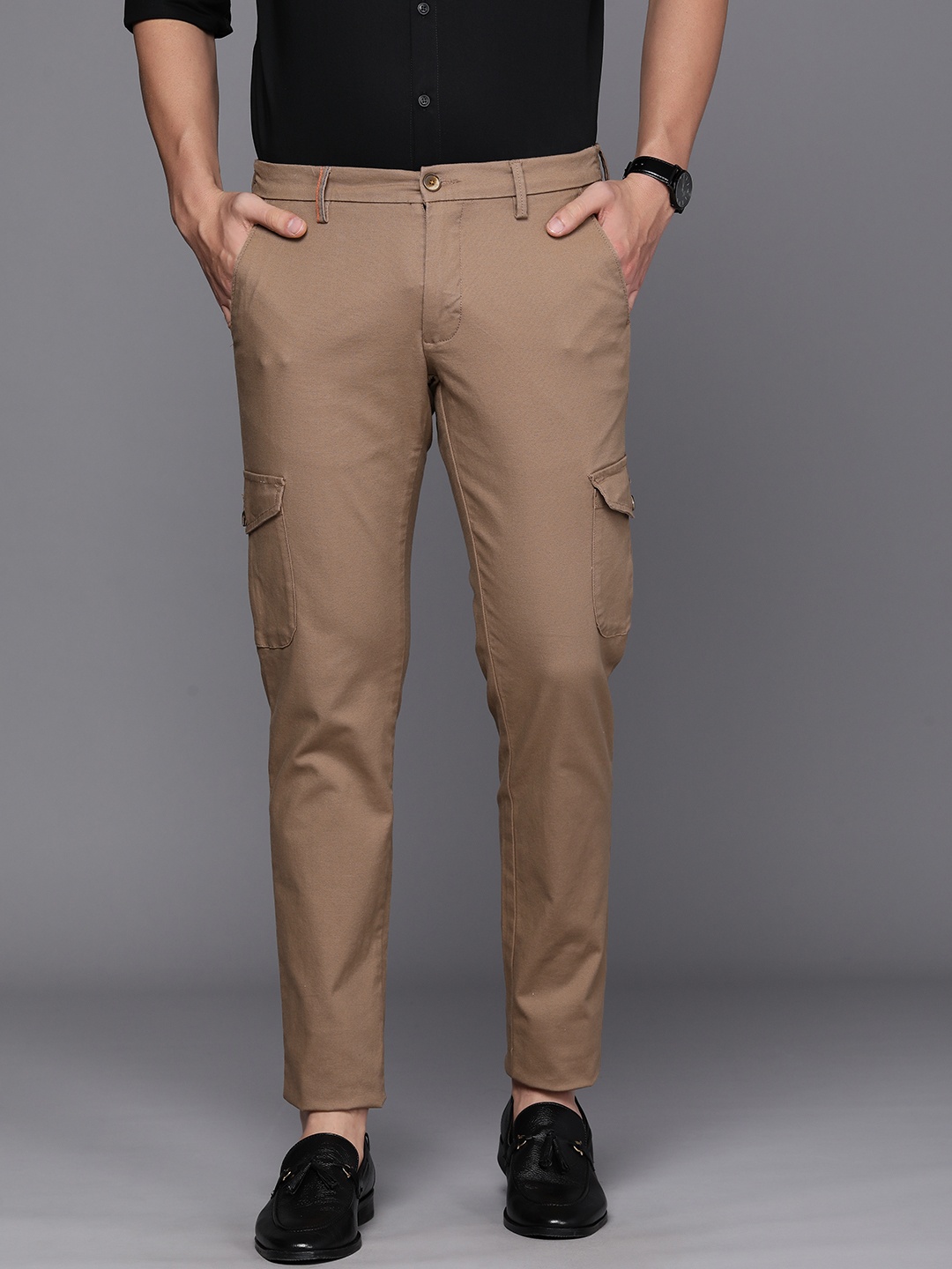 

Louis Philippe Sport Men Slim Fit Mid-Rise Cargos Trousers, Brown