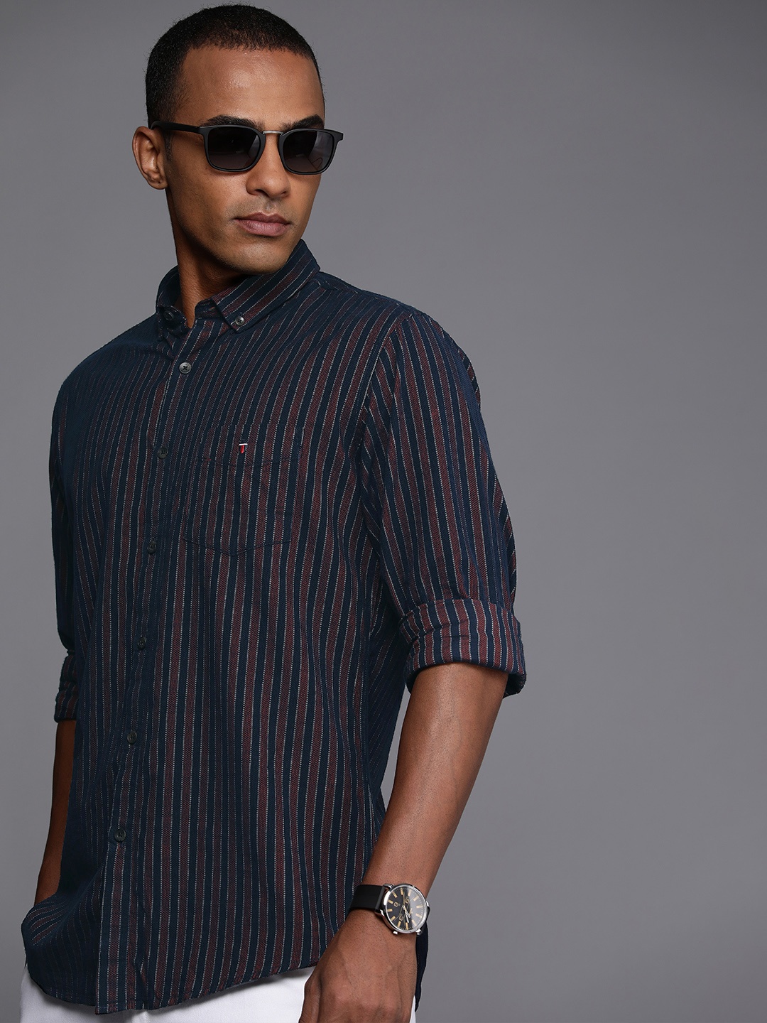 

Louis Philippe Sport Pure Cotton Slim Fit Opaque Striped Casual Shirt, Navy blue