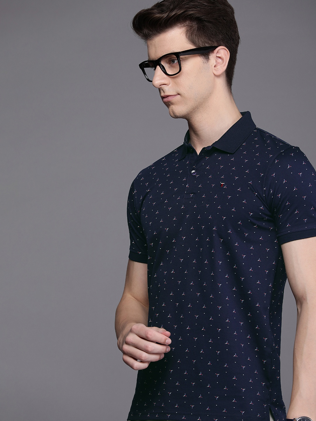 

Louis Philippe Sport Pure Cotton Slim Fit Geometric Printed Polo Collar T-shirt, Navy blue