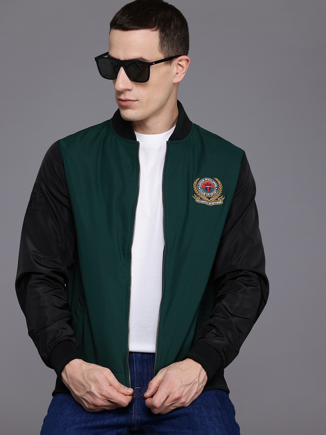 

Louis Philippe Sport Contrast Sleeves Bomber with Brand Logo Embroidered, Green