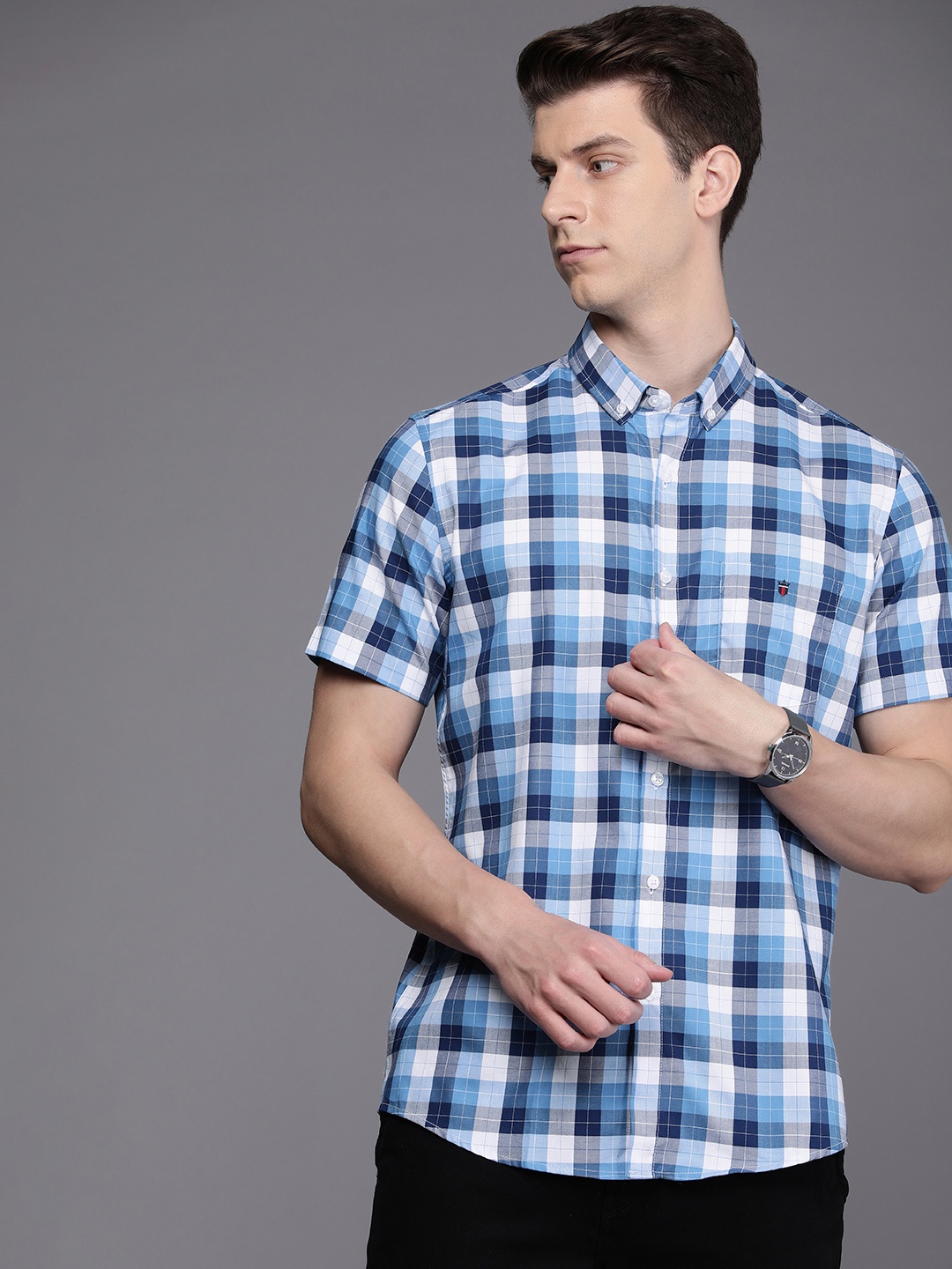 

Louis Philippe Sport Men Pure Cotton Slim Fit Tartan Checked Casual Shirt, Blue