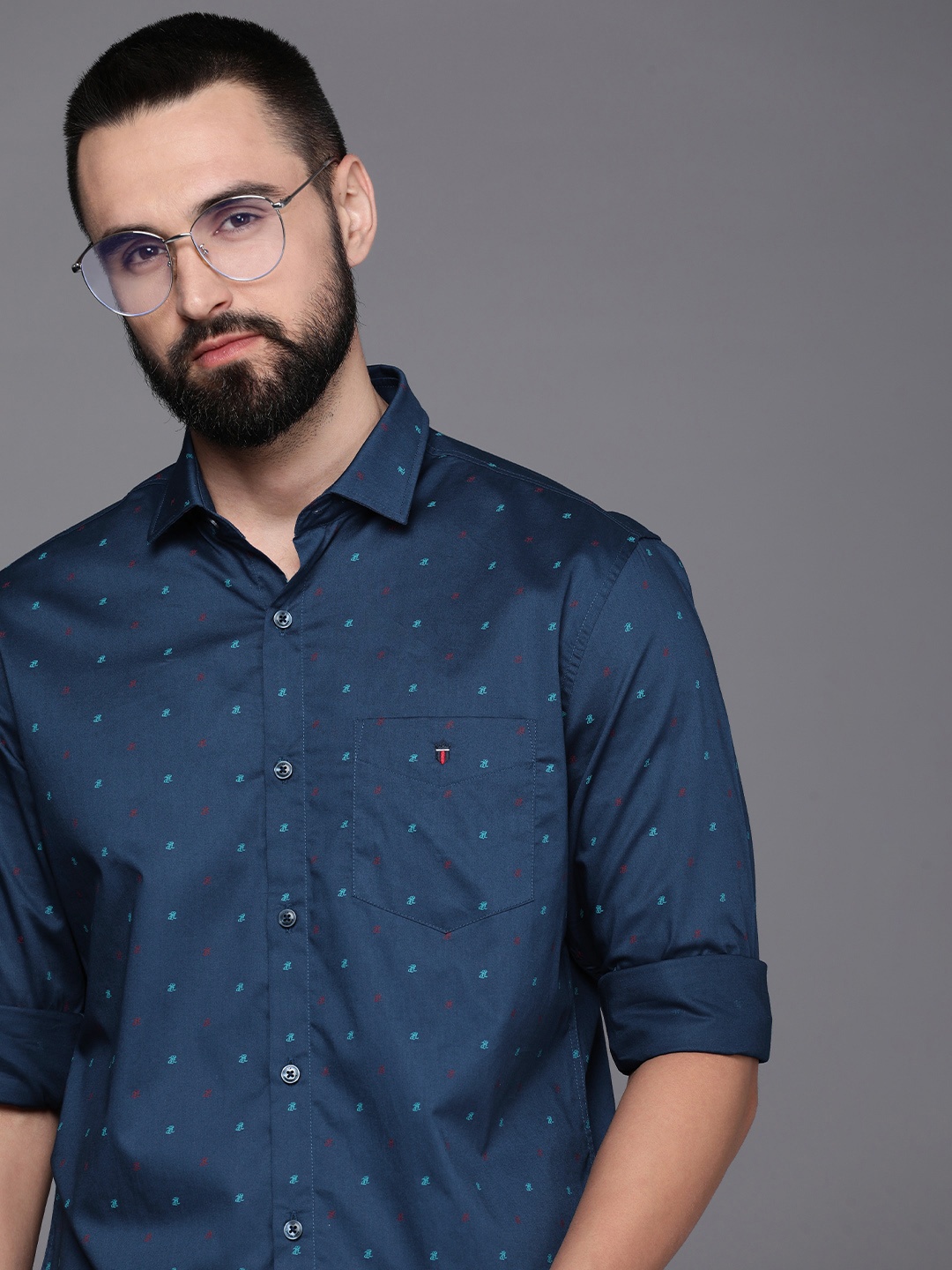 

Louis Philippe Sport Men Pure Cotton Slim Fit Printed Casual Shirt, Navy blue