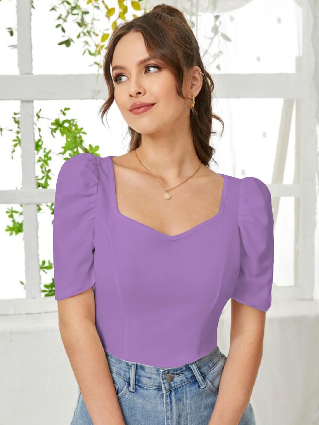 

Dream Beauty Fashion Sweetheart Neck Puff Sleeve Top, Purple
