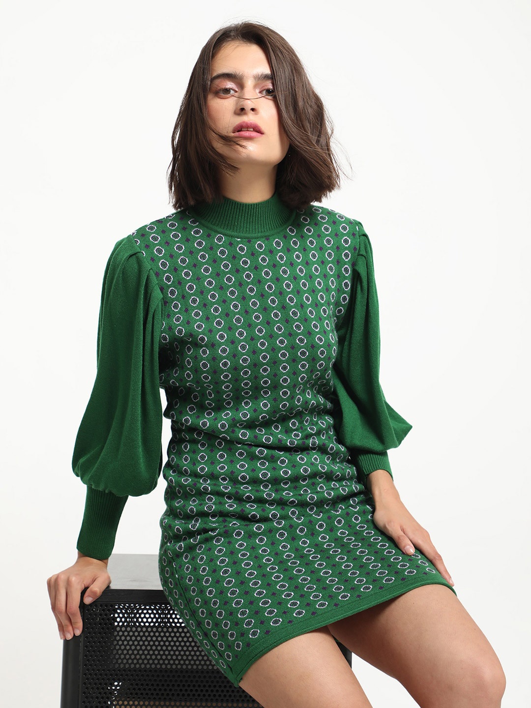 

RAREISM Geometric Self Design Acrylic High Neck Sheath Winter Dresses, Green