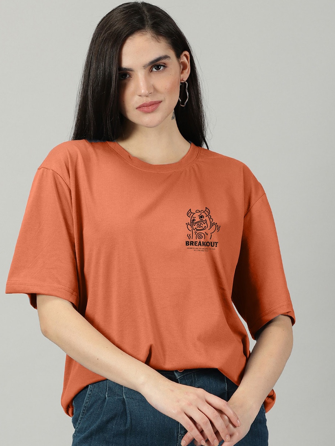 

Rodzen Typography Printed Drop-Shoulder Oversized Cotton T-Shirt, Peach