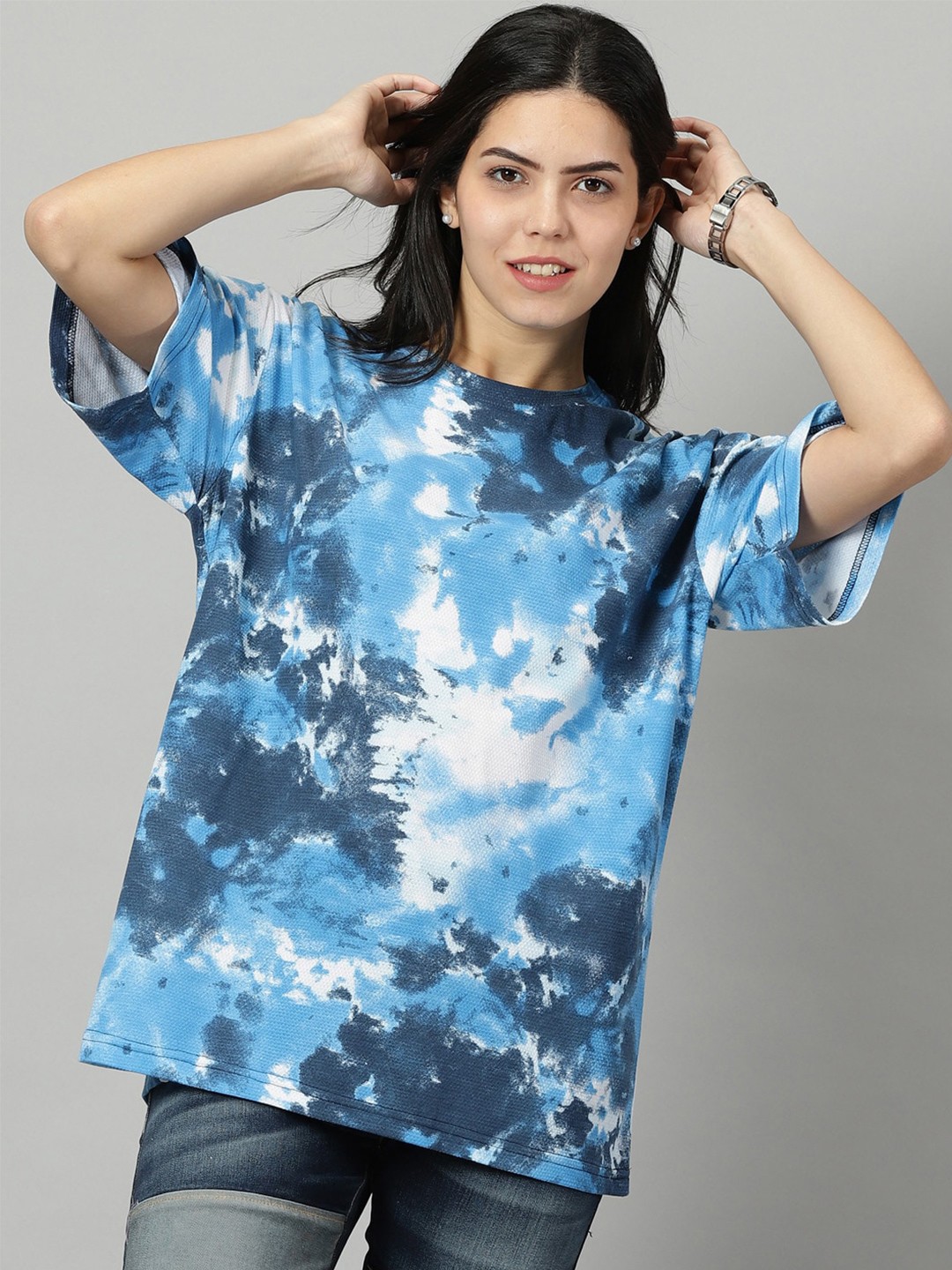 

Rodzen Tie and Dye Round Neck Oversized Fit Pure Cotton Casual T-Shirt, Blue