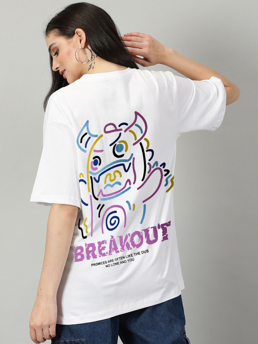 

Rodzen Graphic Printed Drop-Shoulder Sleeves Oversized Cotton T-shirt, White