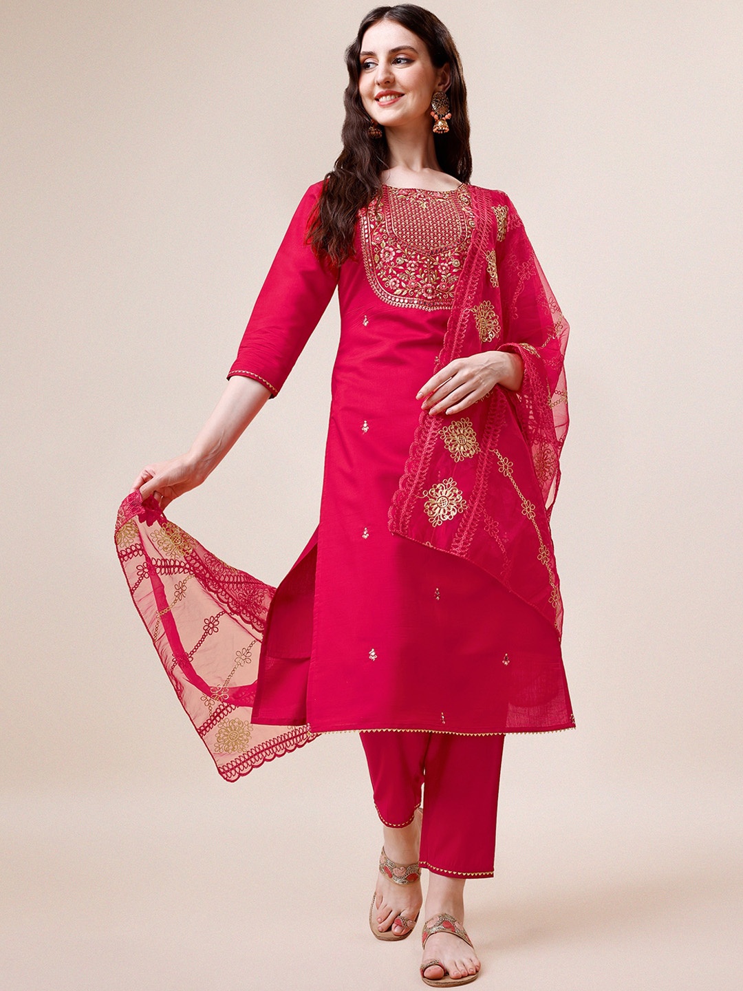 

Berrylicious Floral Yoke Design Mirror Work Chanderi Cotton Kurta with Trousers & Dupatta, Pink