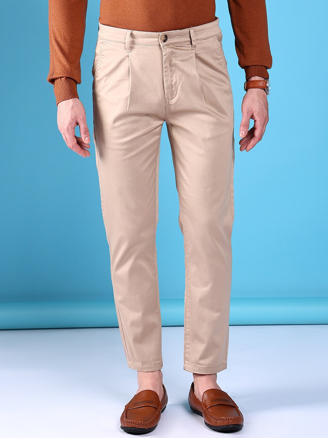 

The Indian Garage Co Men Slim Fit Mid-Rise Pleated Cotton Chinos, Tan