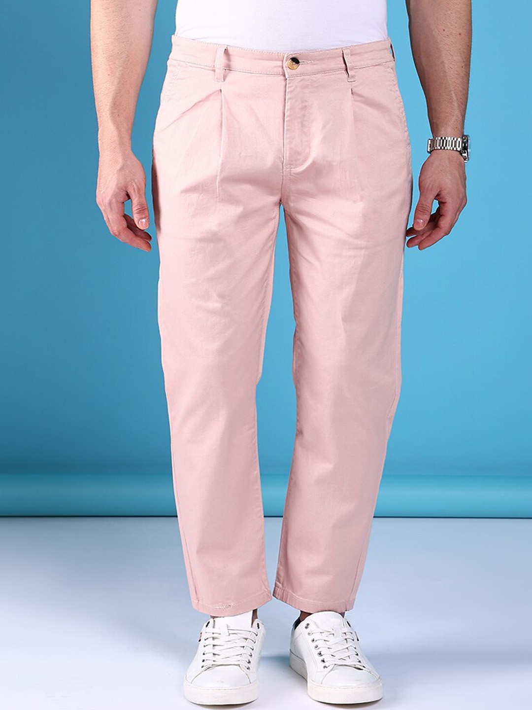 

The Indian Garage Co Men Slim Fit Mid-Rise Pleated Cotton Chinos, Peach