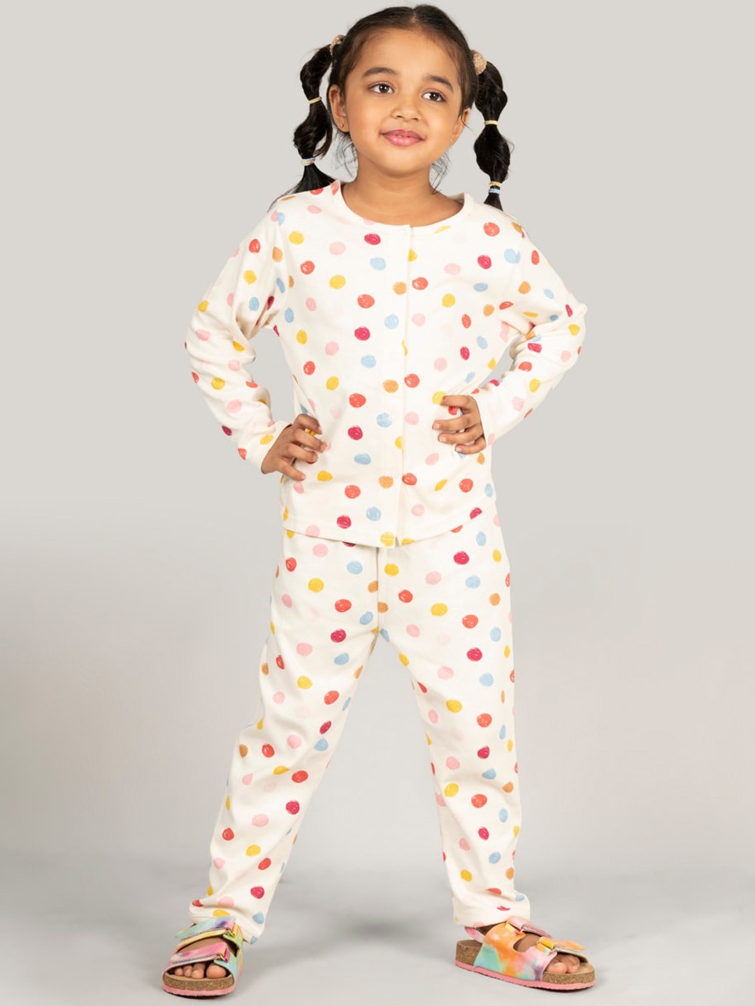 

Zalio Girls Polka Dot Printed Pure Cotton Night Suit, White