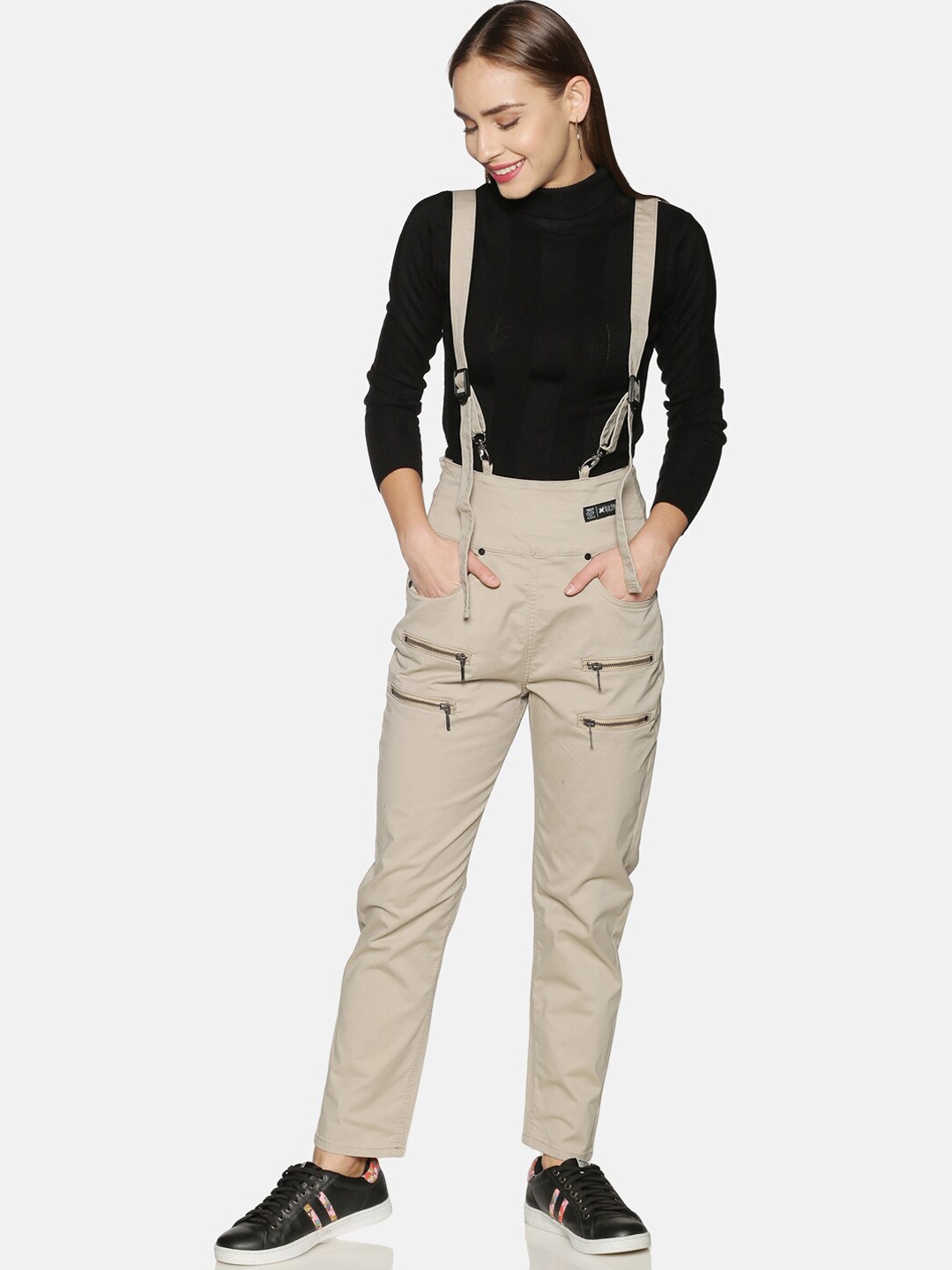 

KULTPRIT Women Khaki Relaxed Slim Fit Pure Cotton Cargos Trousers With Suspenders