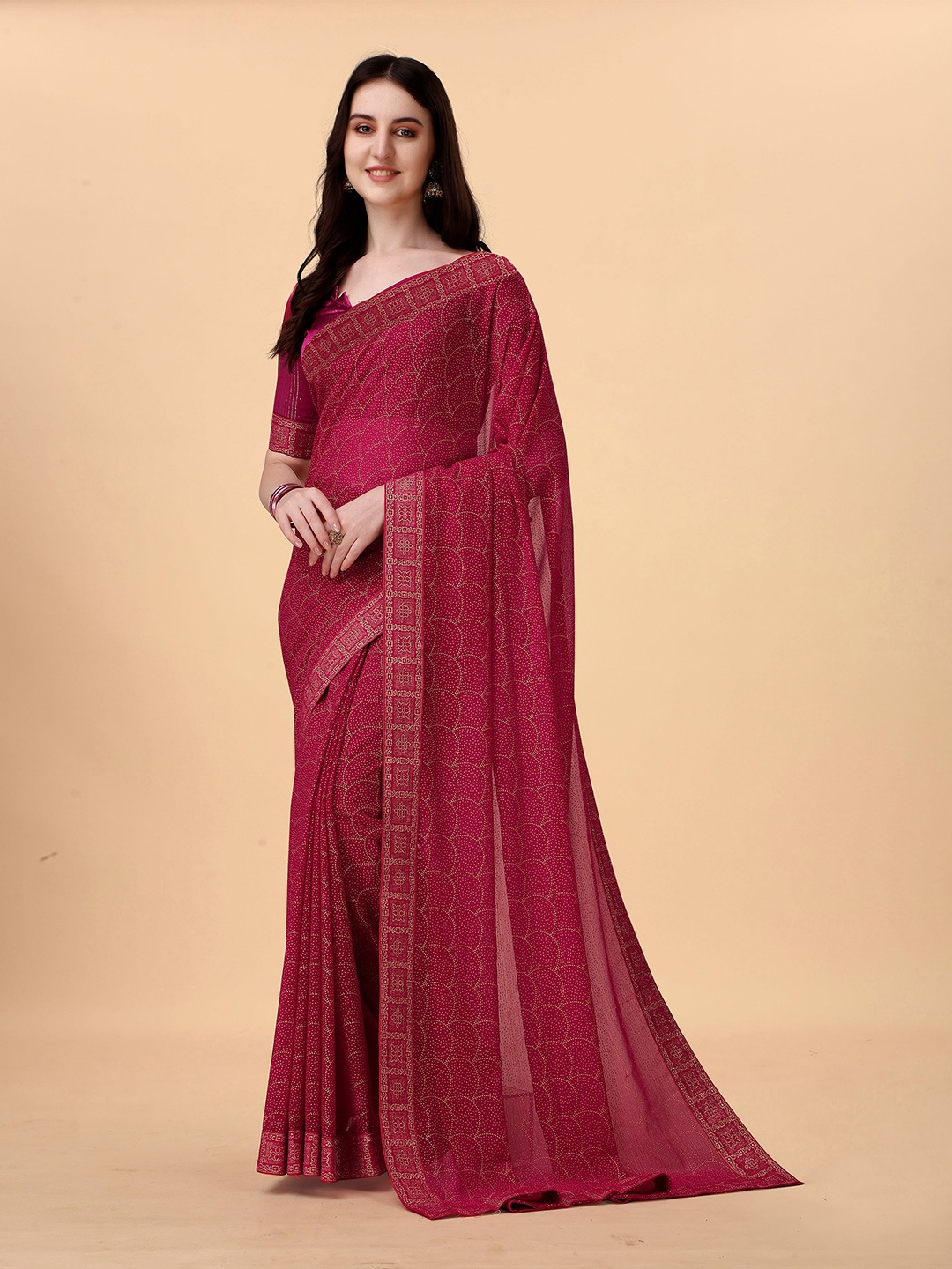 

Anjaneya Sarees Geometric Printed Pure Georgette Designer Saree, Pink