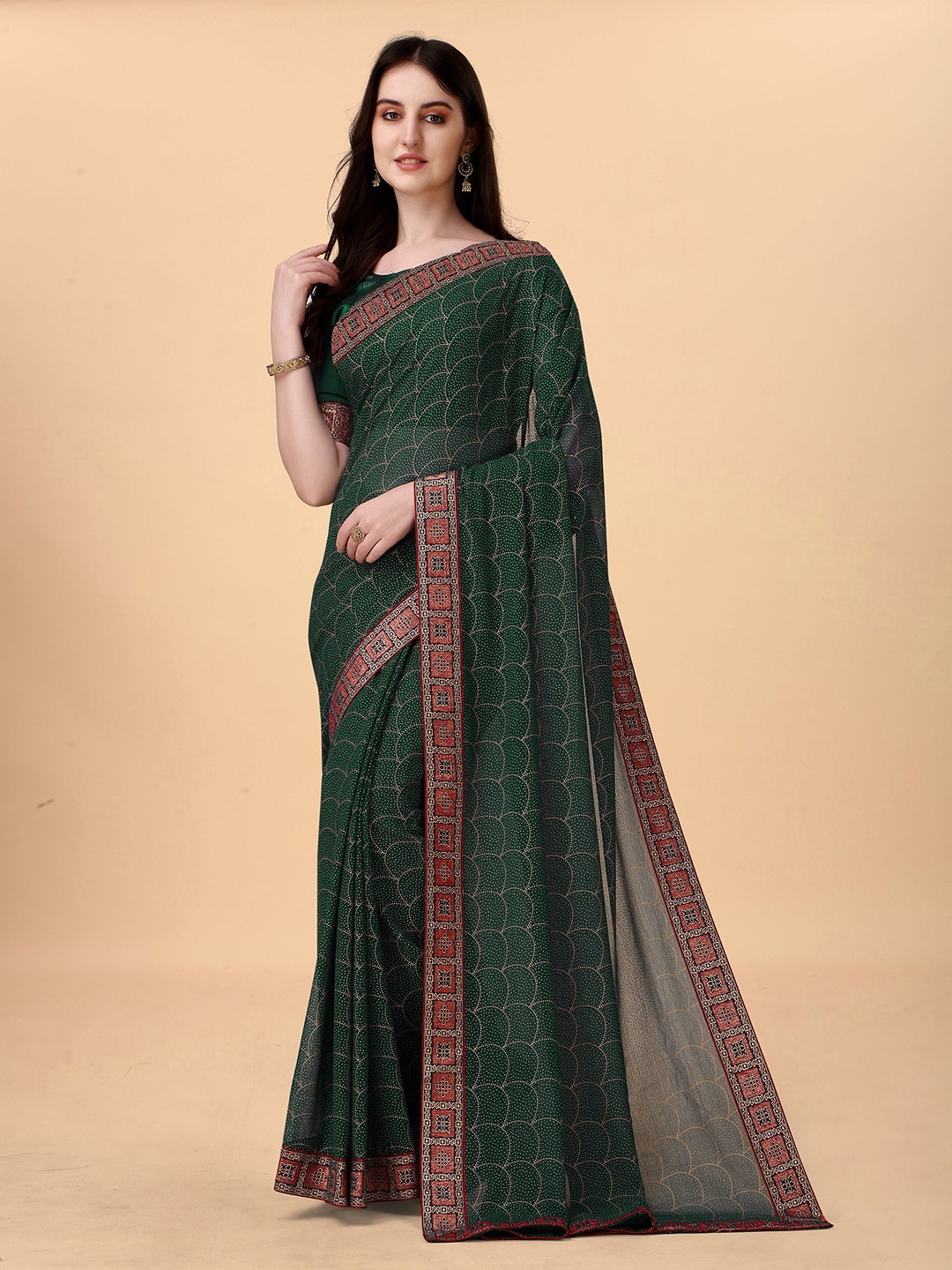 

Anjaneya Sarees Geometric Printed Pure Georgette Designer Saree, Green