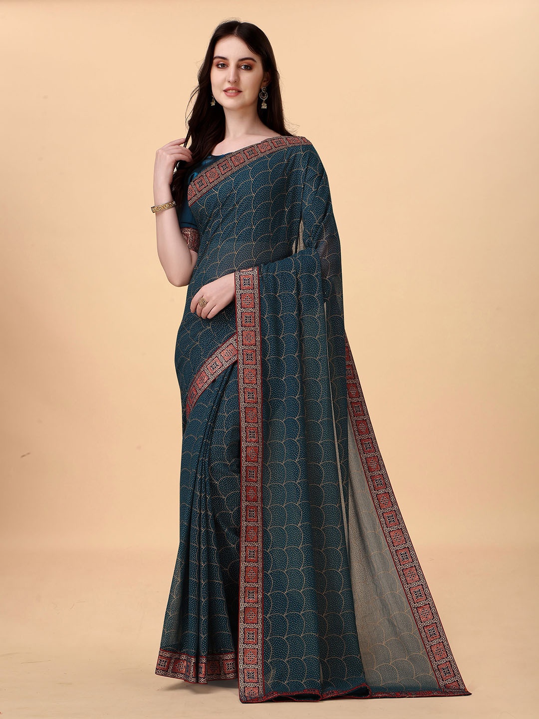 

Anjaneya Sarees Geometric Printed Pure Georgette Designer Saree, Teal