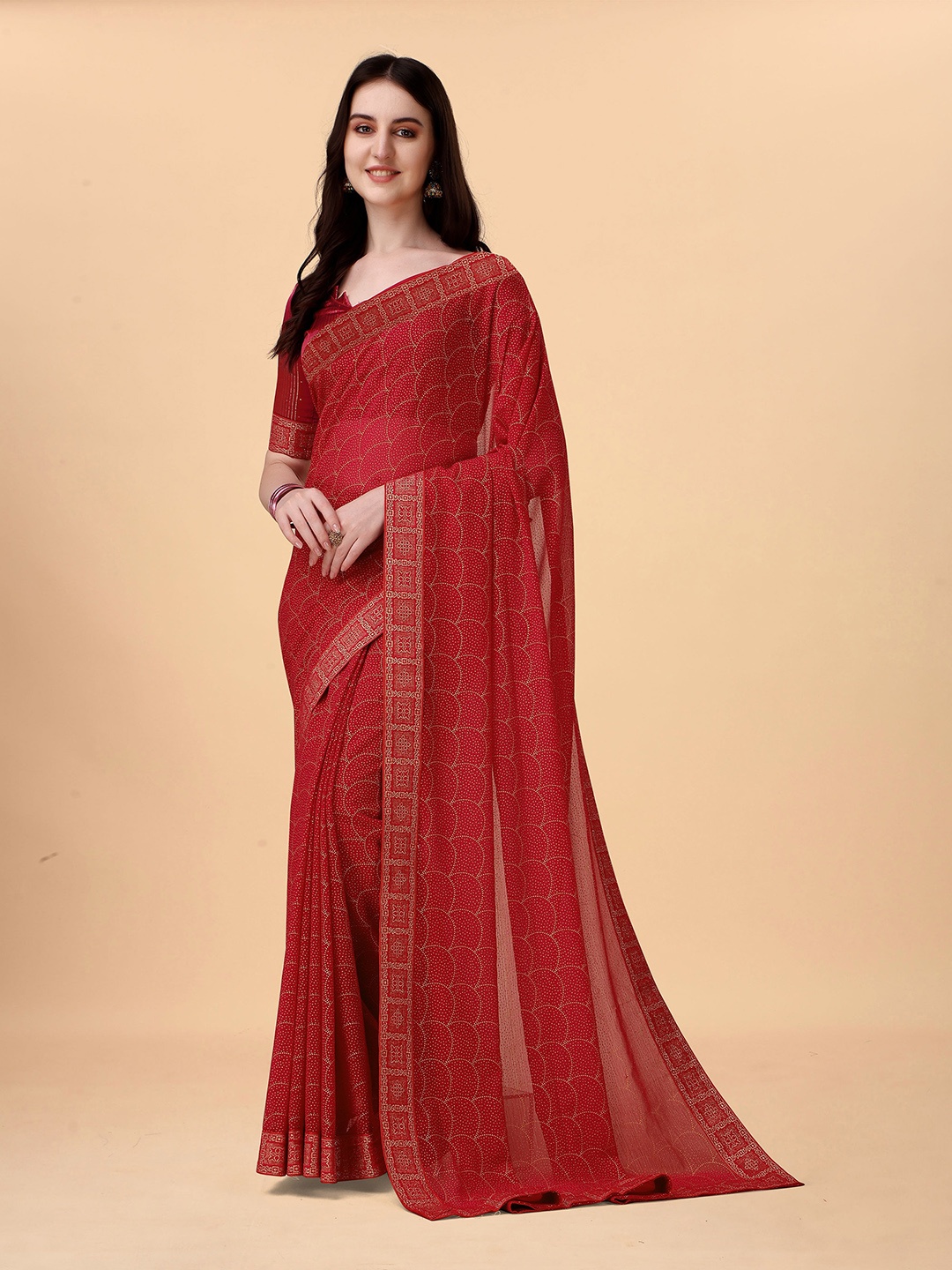 

Anjaneya Sarees Geometric Printed Pure Georgette Designer Saree, Red