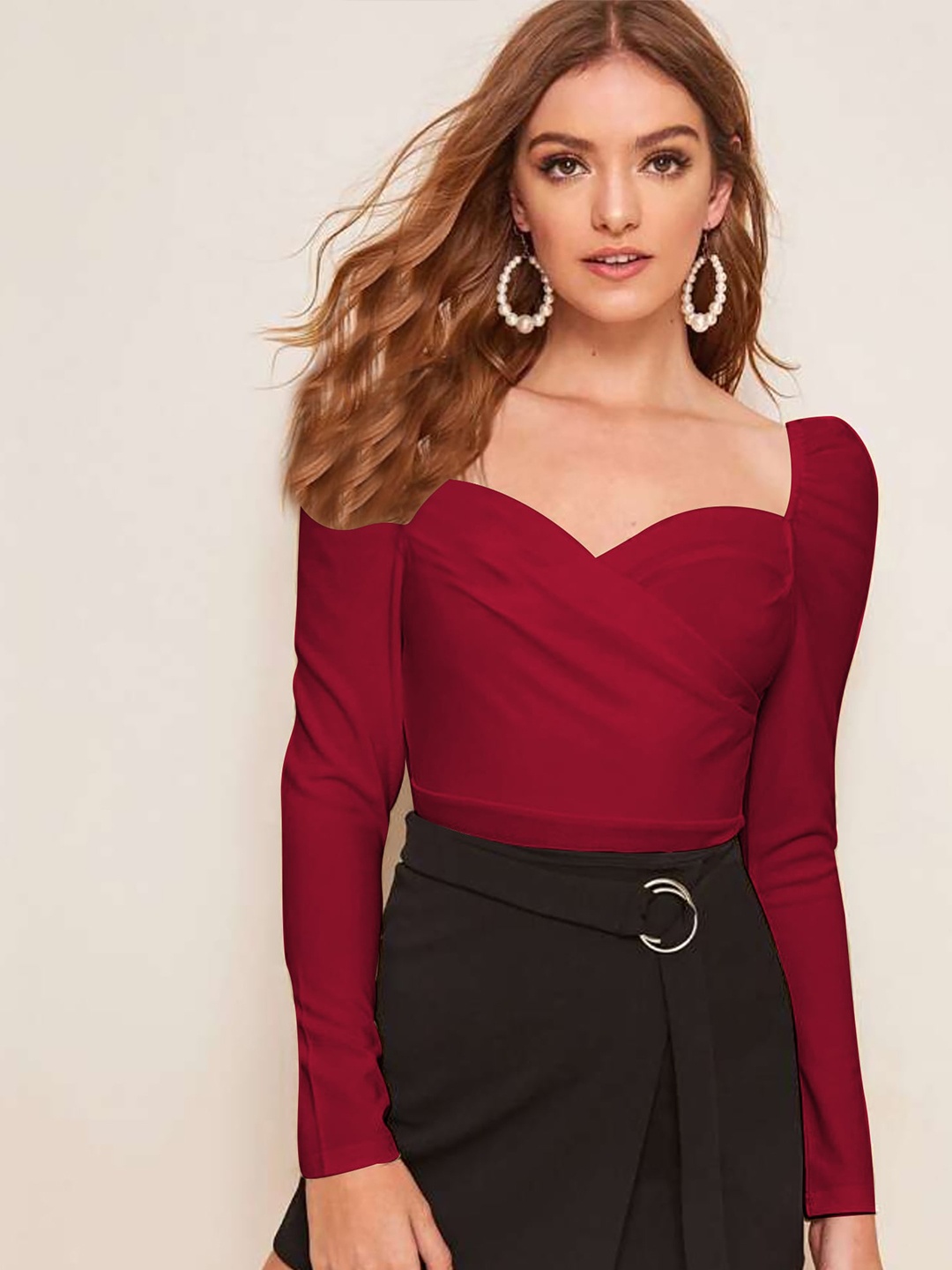 

Dream Beauty Fashion Sweetheart Neck Puff Sleeves Fitted Top, Maroon