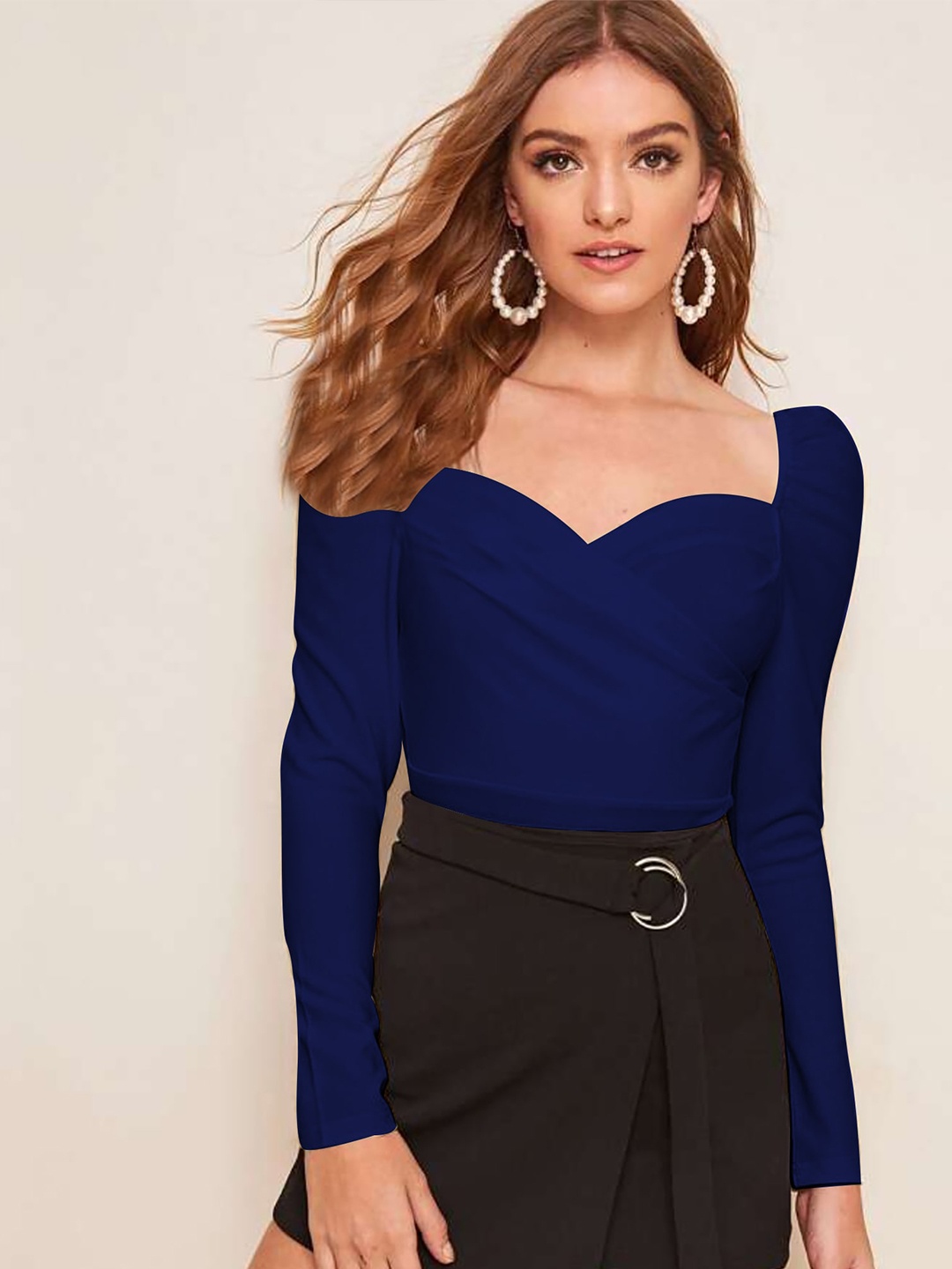

Dream Beauty Fashion Sweetheart Neck Long Sleeves Top, Navy blue
