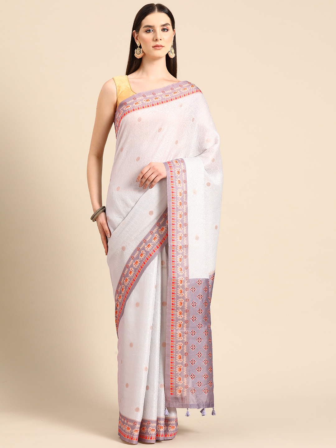 

Simaaya Woven Design Ethnic Motifs Zari Pure Silk Saree, White