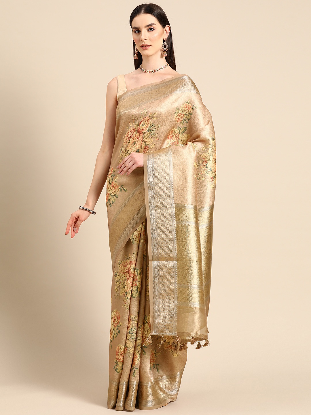 

Simaaya Woven Design Floral Zari Satin Saree, Brown