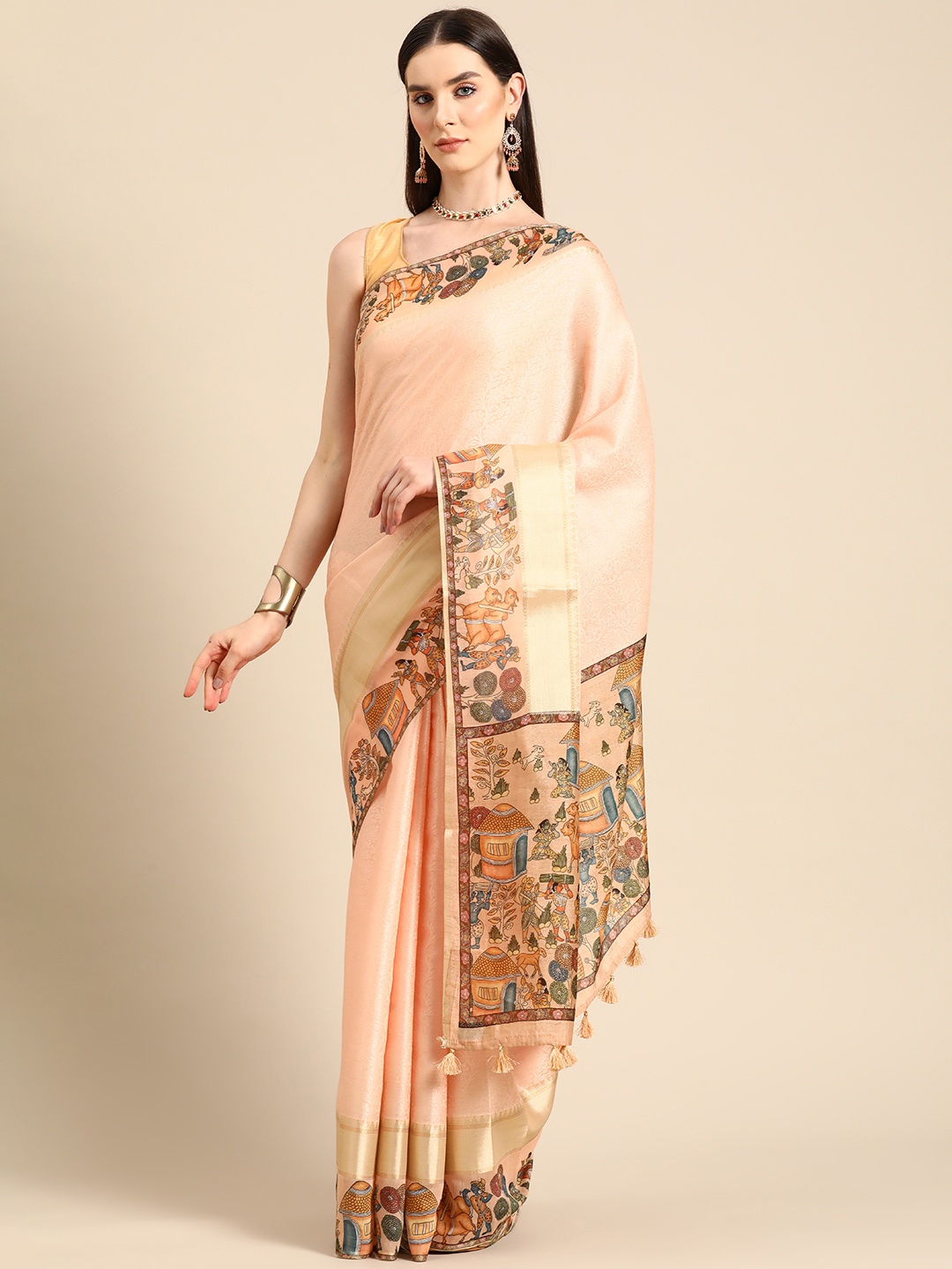 

Simaaya Woven Design Ethnic Motifs Zari Tissue Saree, Peach