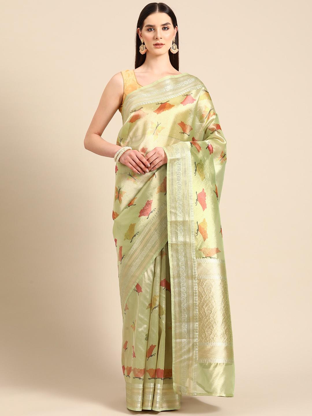 

Simaaya Abstract Printed Zari Organza Saree, Green