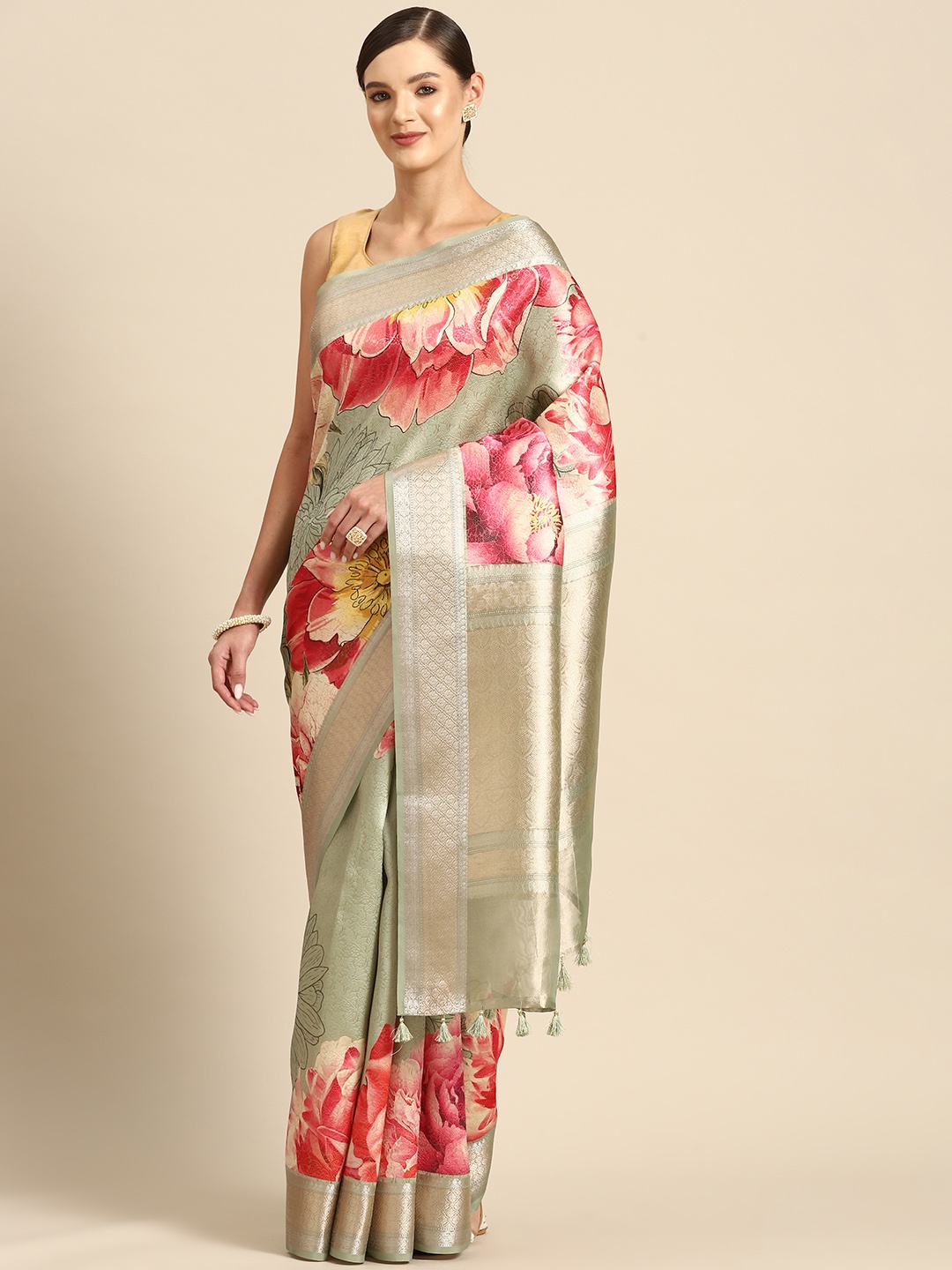 

Simaaya Floral Zari Satin Saree, Green