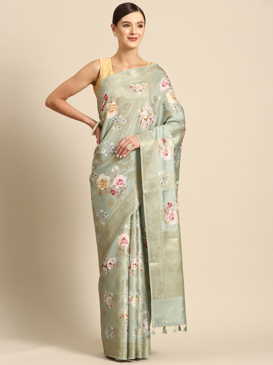 

Simaaya Floral Zari Pure Silk Saree, Green