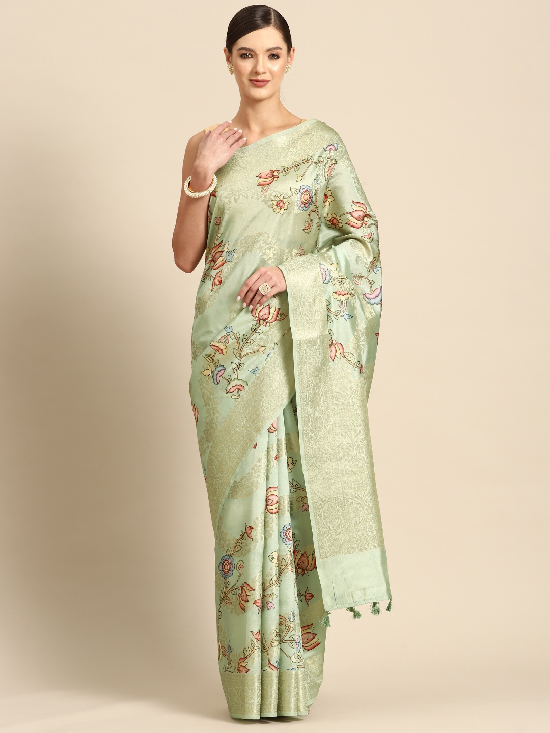 

Simaaya Floral Zari Pure Silk Saree, Sea green