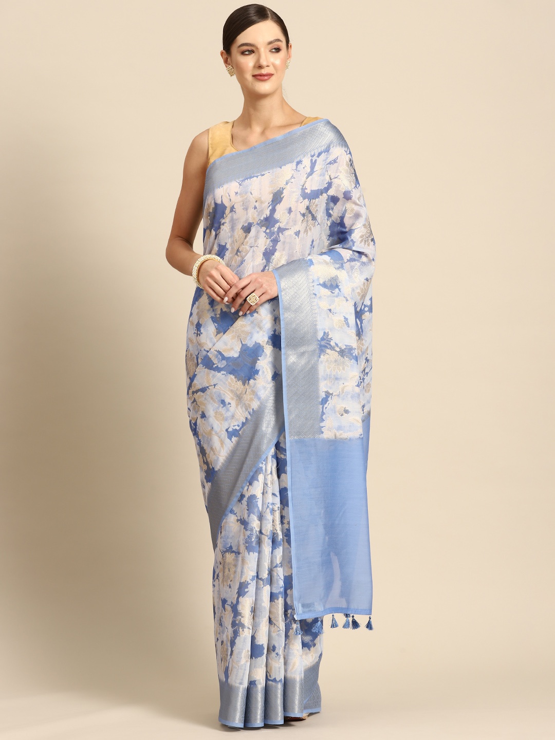 

Simaaya Floral Zari Linen Blend Saree, Blue