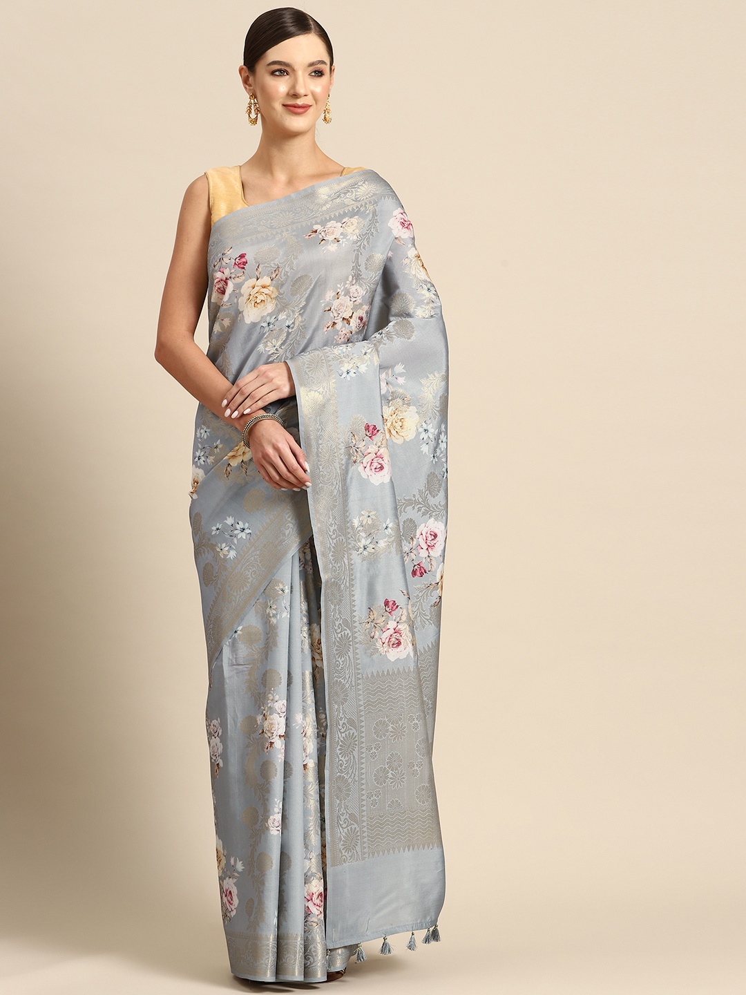 

Simaaya Floral Zari Pure Silk Saree, Grey