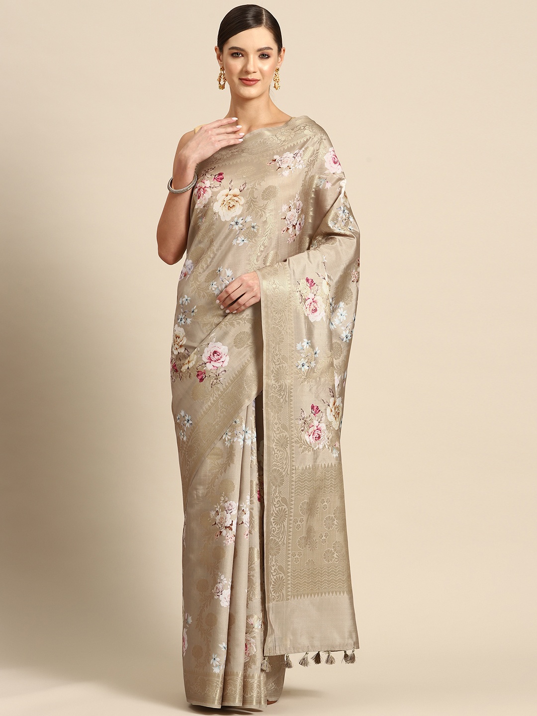 

Simaaya Floral Zari Pure Silk Saree, Beige
