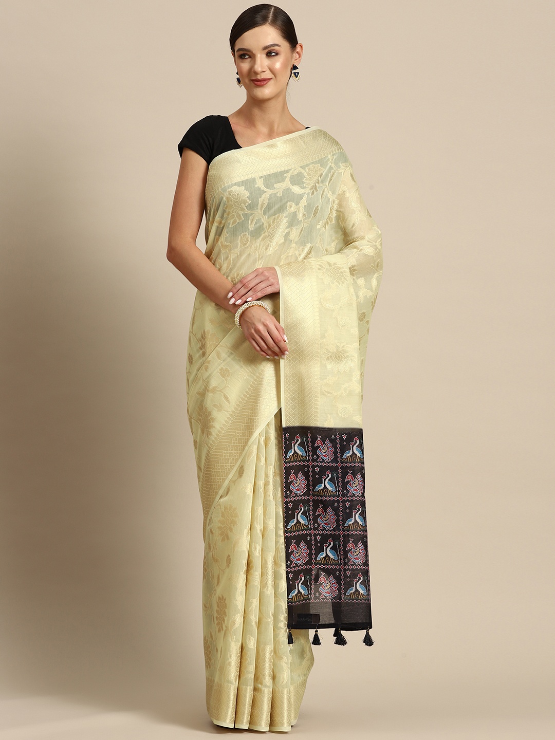 

Simaaya Floral Zari Linen Blend Saree, Beige