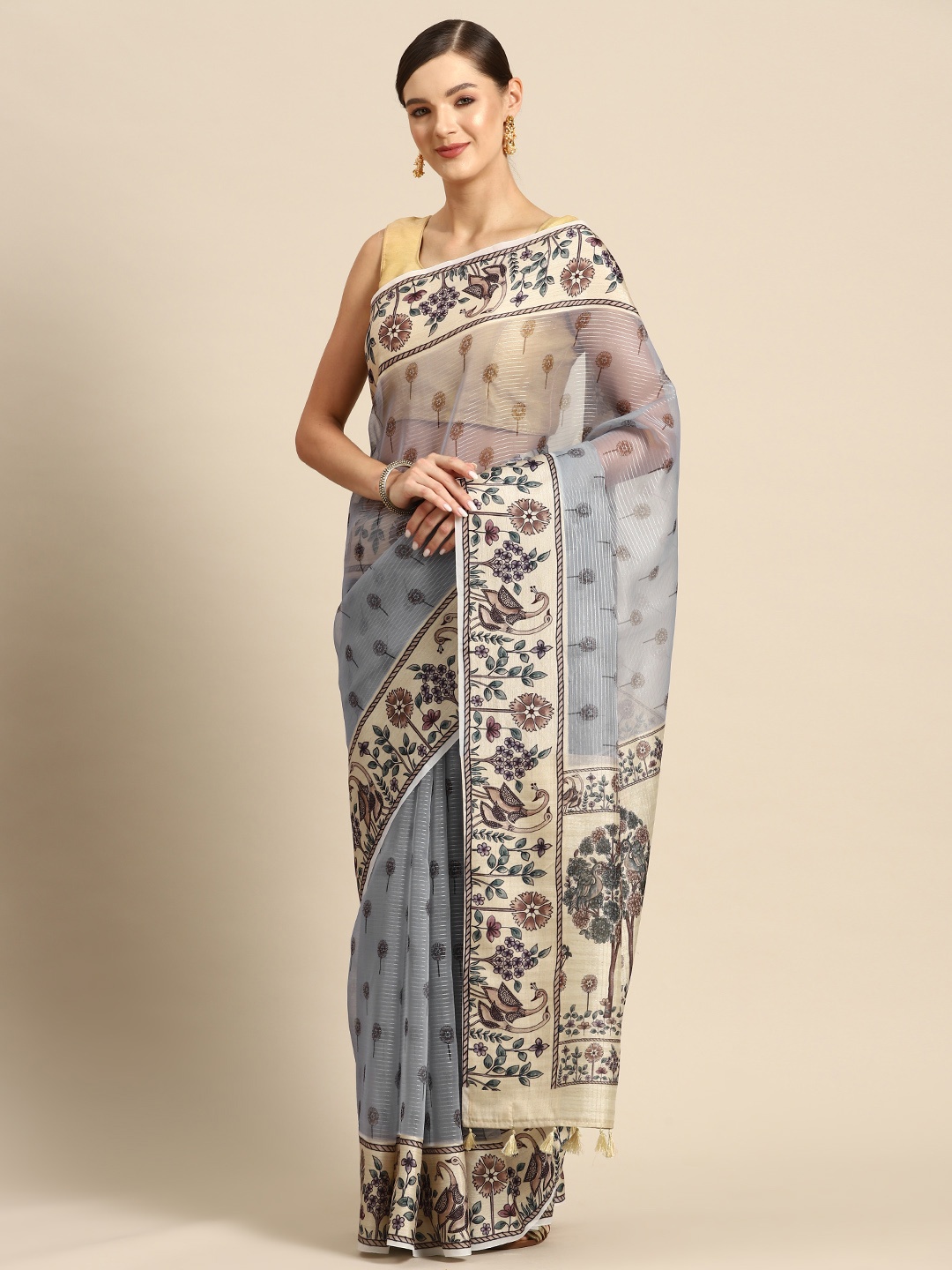 

Simaaya Floral Woven Design Organza Saree, Grey