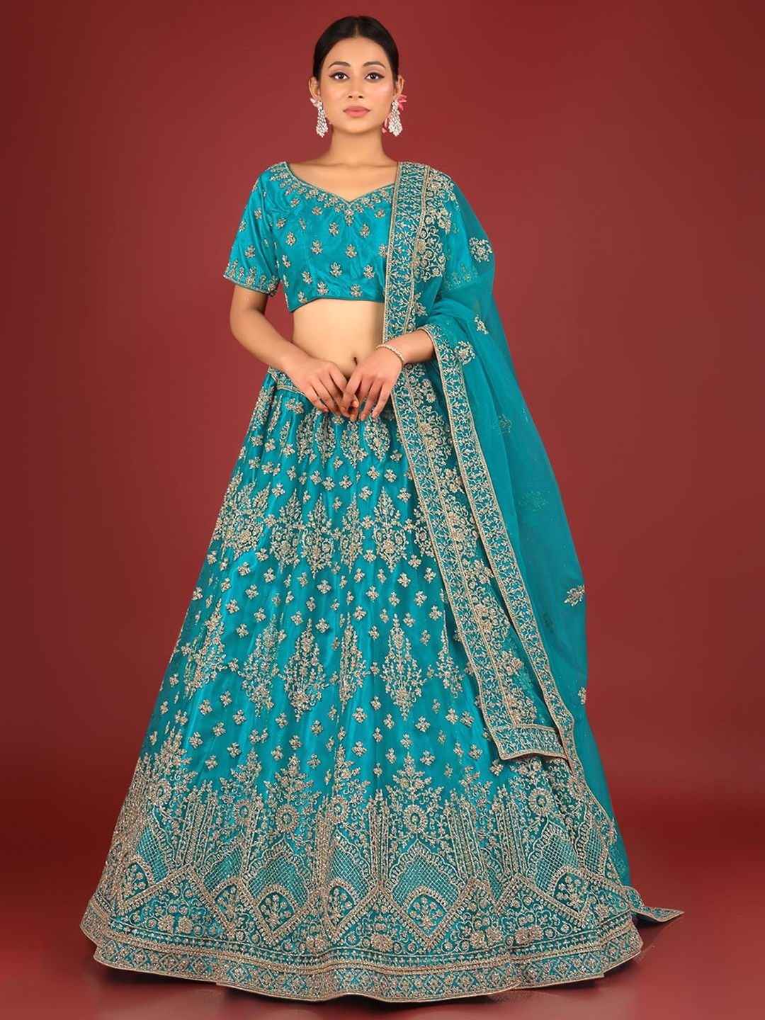 

HALFSAREE STUDIO Embroidered Thread Work Semi-Stitched Lehenga & Unstitched Blouse, Blue