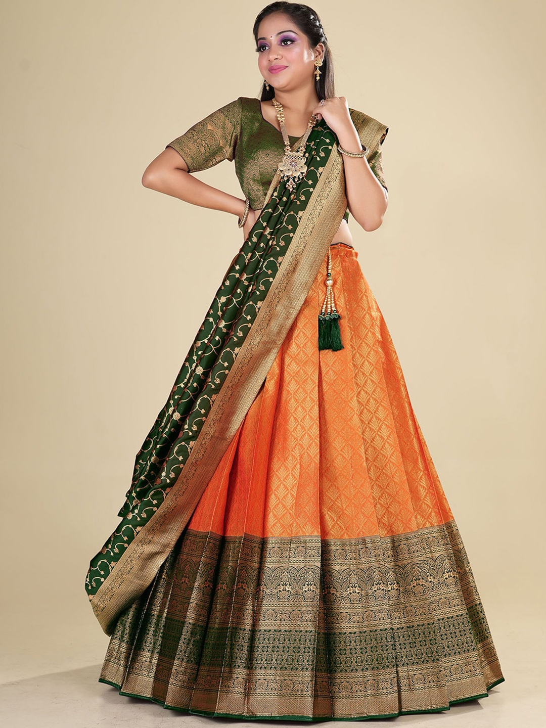 

HALFSAREE STUDIO Green & Orange Semi-Stitched Lehenga & Unstitched Blouse With Dupatta