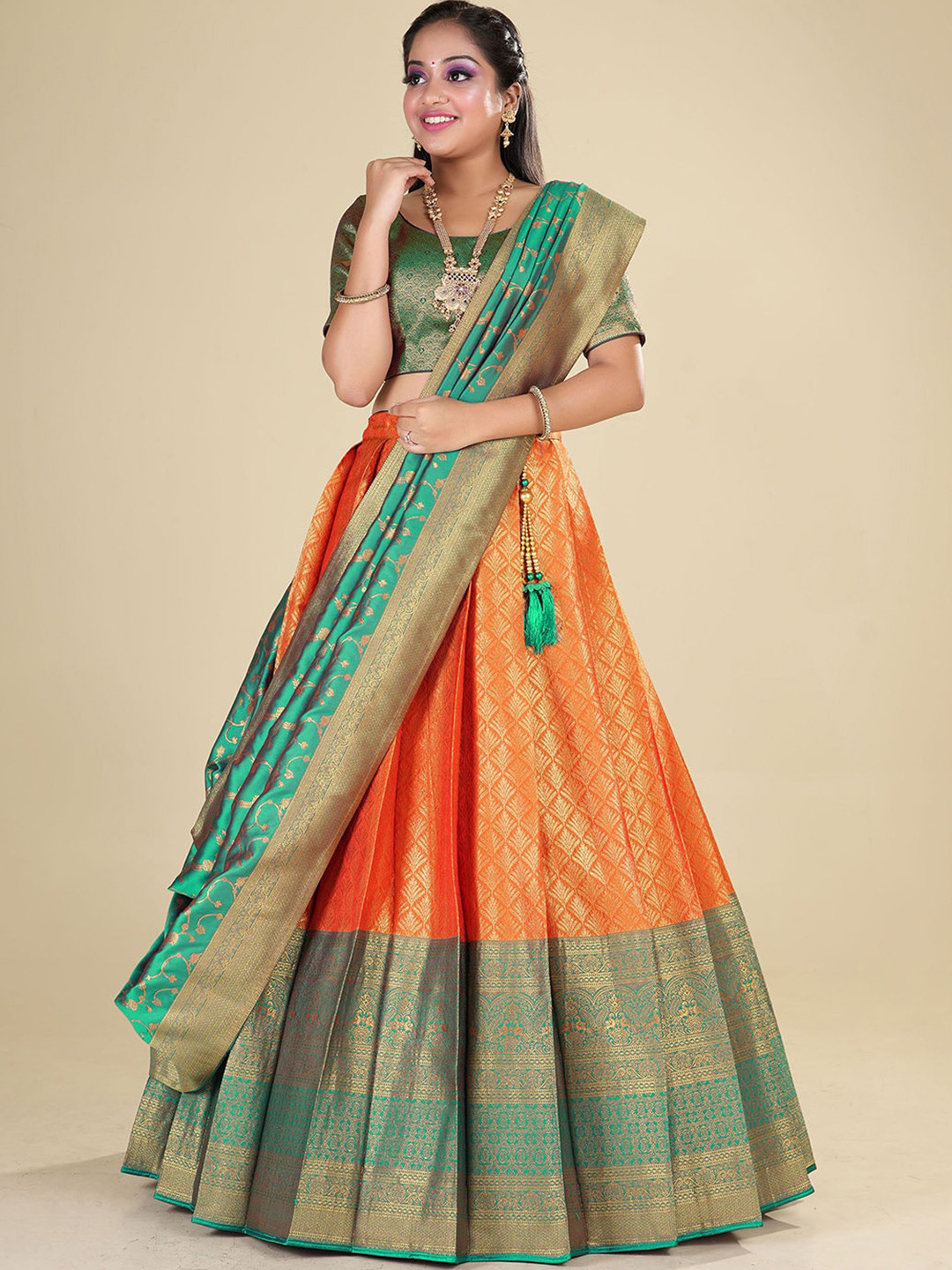 

HALFSAREE STUDIO Woven Design Semi-Stitched Lehenga & Unstitched Blouse With Dupatta, Orange
