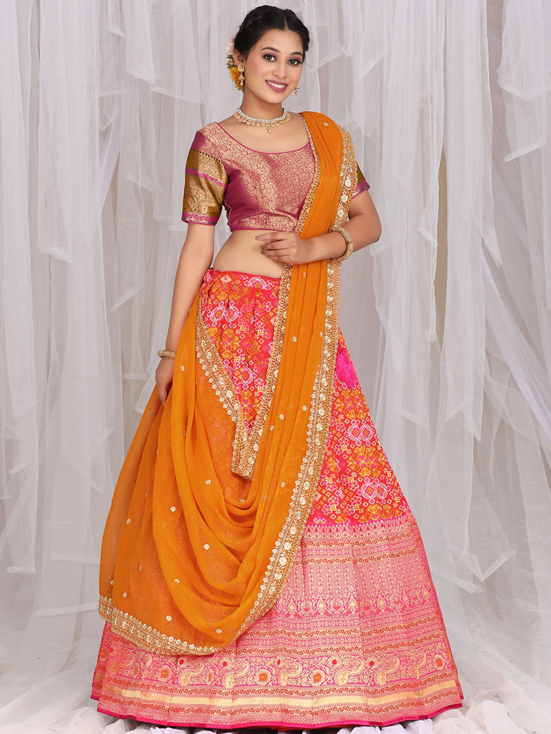 

HALFSAREE STUDIO Woven Design Semi-Stitched Lehenga & Unstitched Blouse With Dupatta, Red