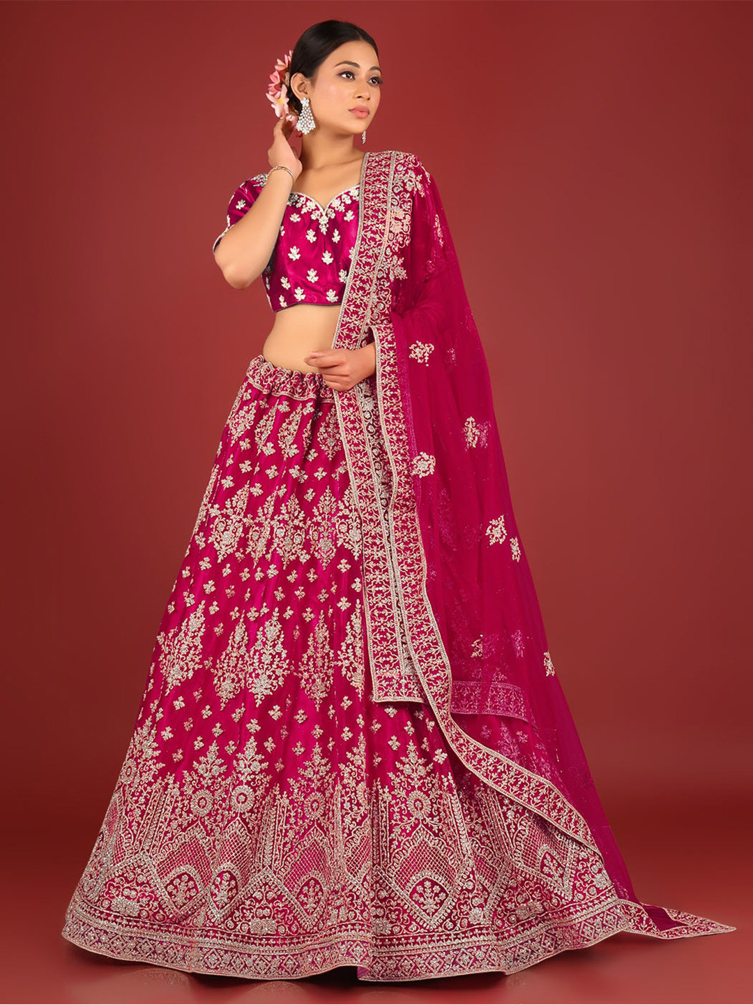 

HALFSAREE STUDIO Embroidered Thread Work Semi-Stitched Lehenga & Unstitched Blouse With, Pink