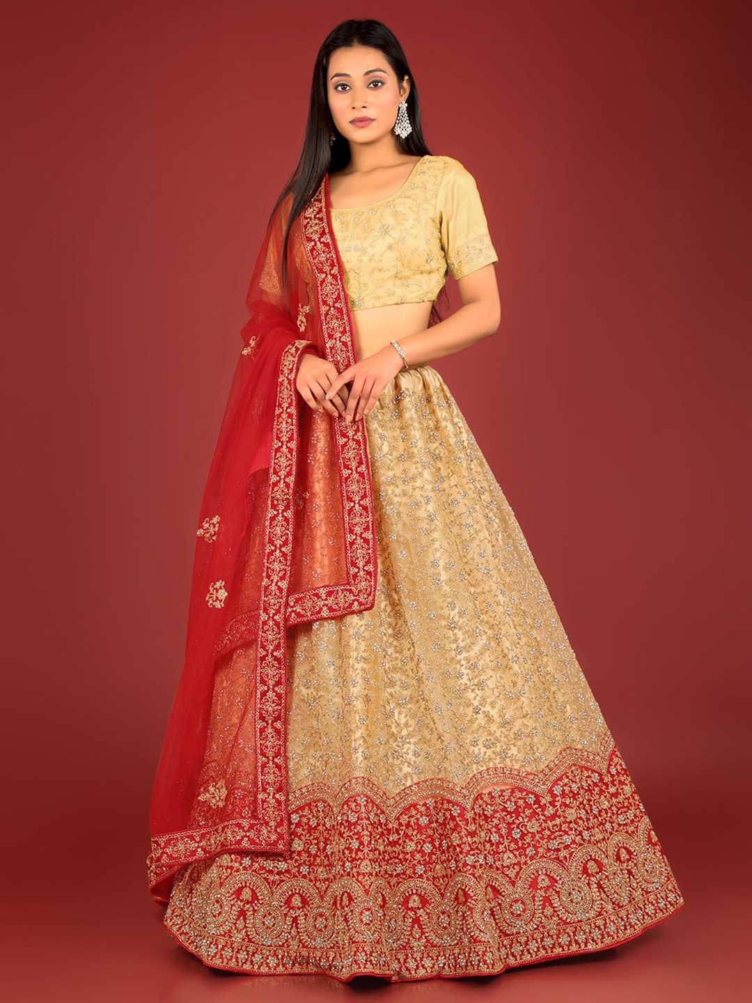 

HALFSAREE STUDIO Embroidered Semi Stitched Lehenga & Unstitched Blouse With Dupatta, Beige