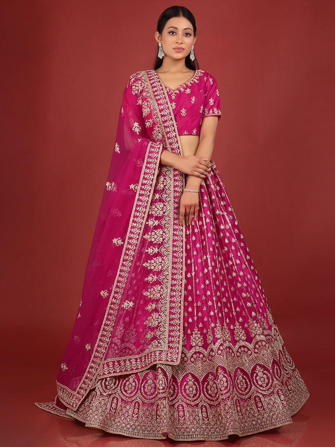 

HALFSAREE STUDIO Embroidered Semi-Stitched Lehenga & Unstitched Blouse With Dupatta, Pink