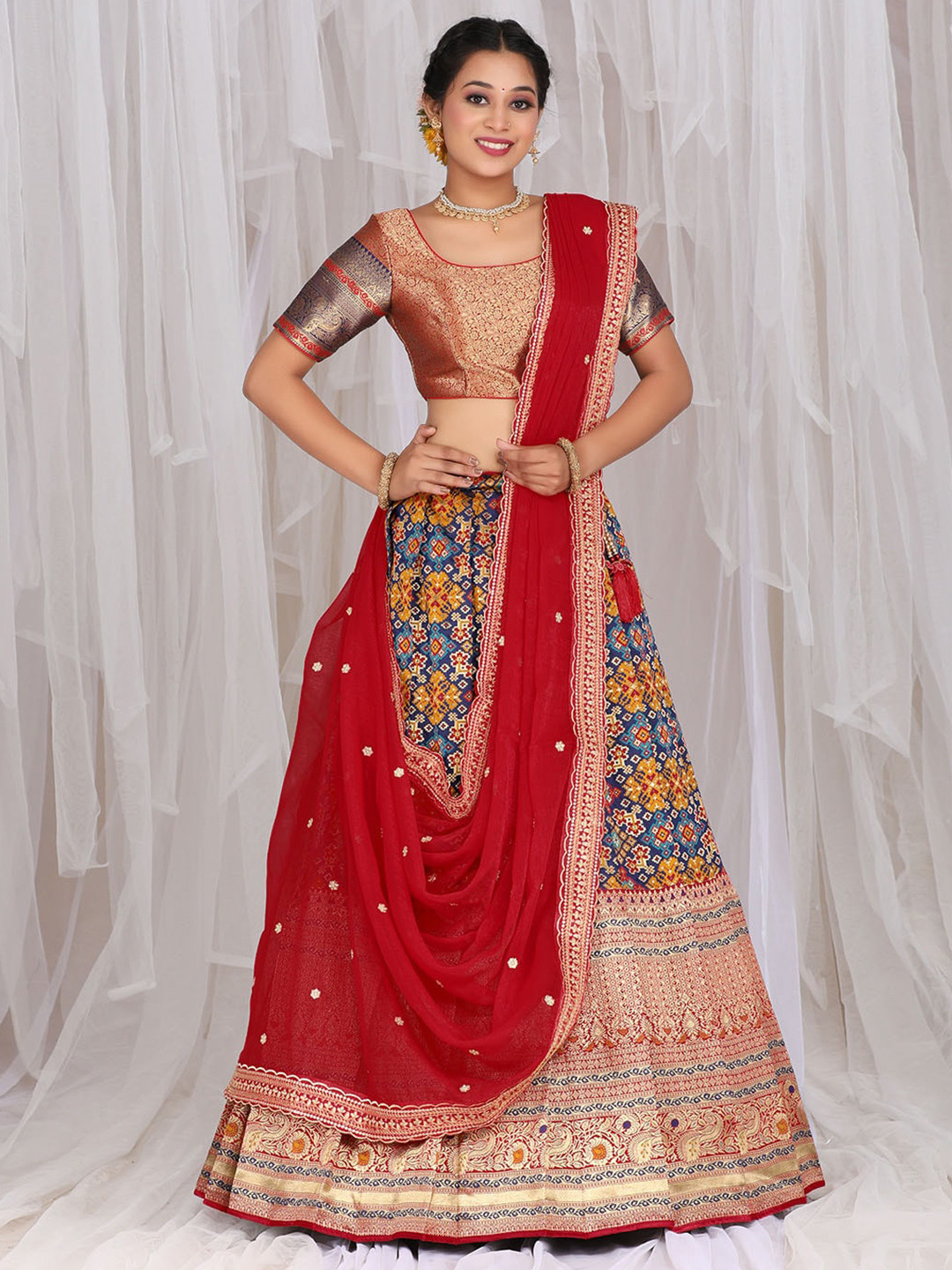 

HALFSAREE STUDIO Woven Design Zari Semi-Stitched Lehenga & Unstitched Blouse With Dupatta, Red