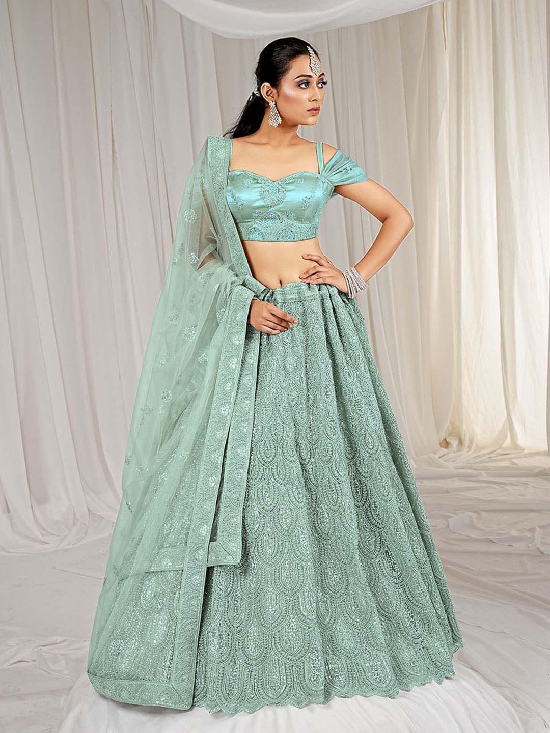 

HALFSAREE STUDIO Embroidered Semi-Stitched Lehenga & Unstitched Blouse With Dupatta, Green