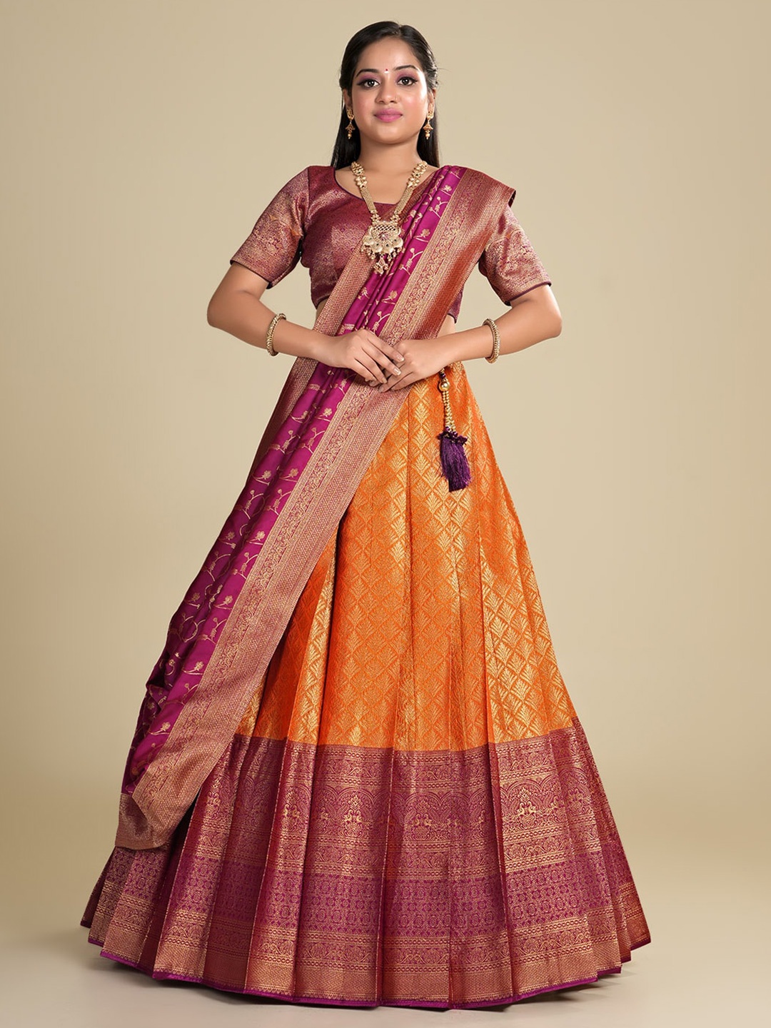 

HALFSAREE STUDIO Woven Design Semi-Stitched Lehenga & Unstitched Blouse With Dupatta, Orange