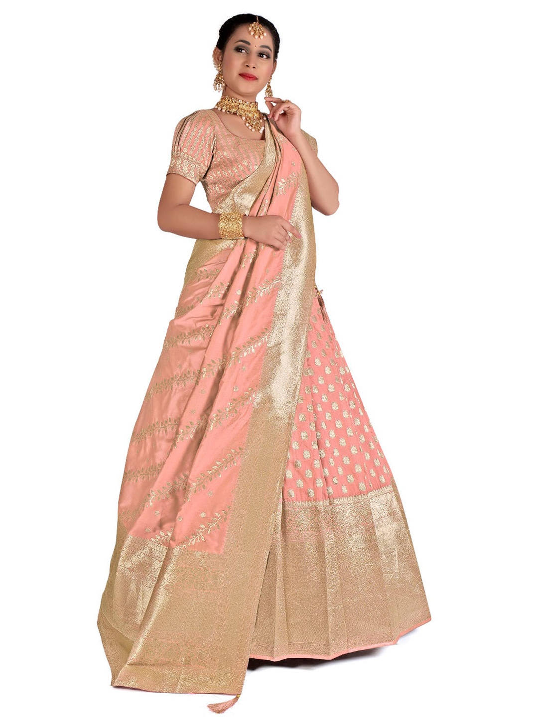 

HALFSAREE STUDIO Woven Design Zari Semi-Stitched Lehenga & Unstitched Blouse With Dupatta, Pink