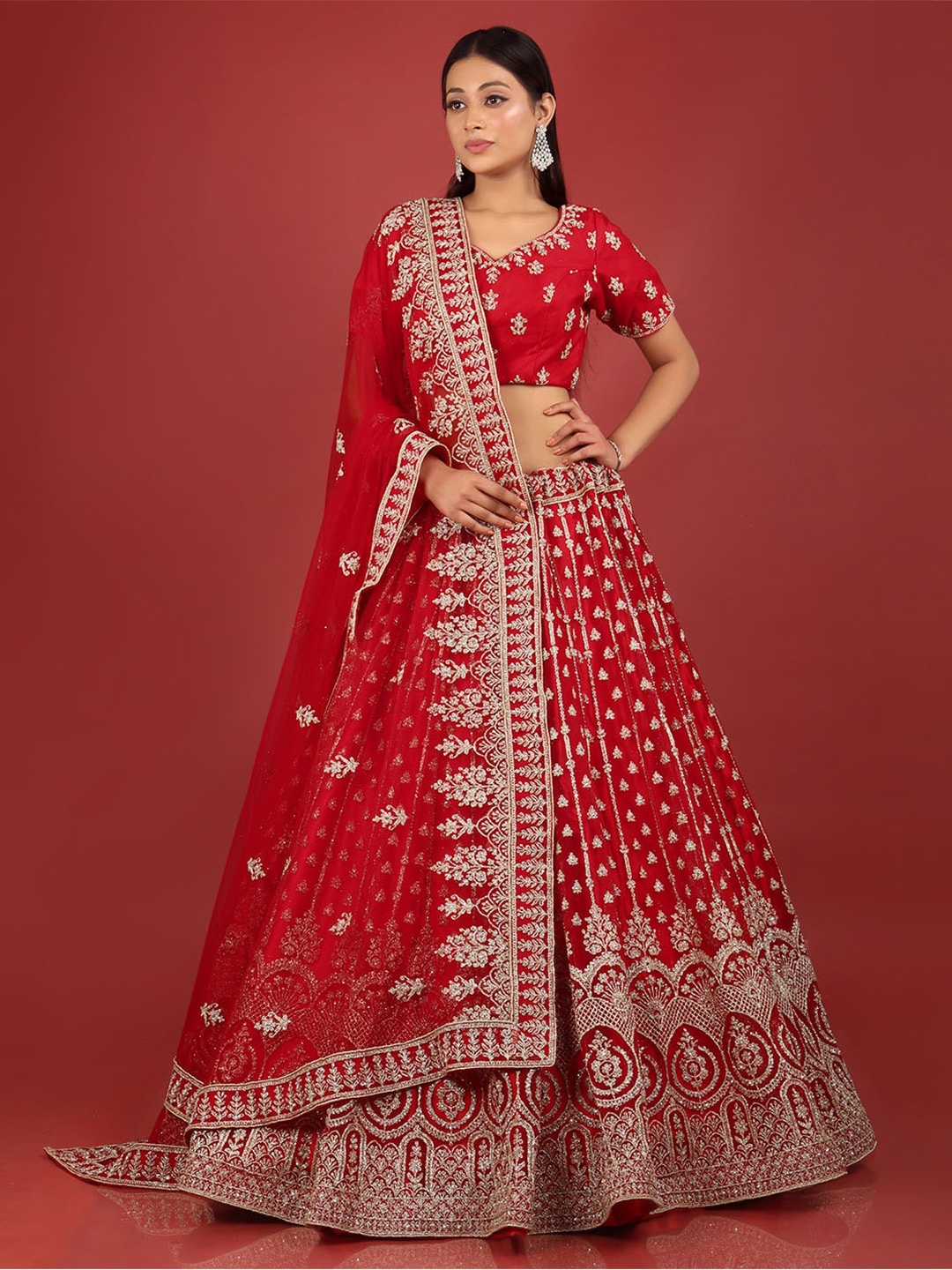 

HALFSAREE STUDIO Embroidered V-Neck Semi Stitched Lehenga & Unstitched Blouse With Dupatta, Red