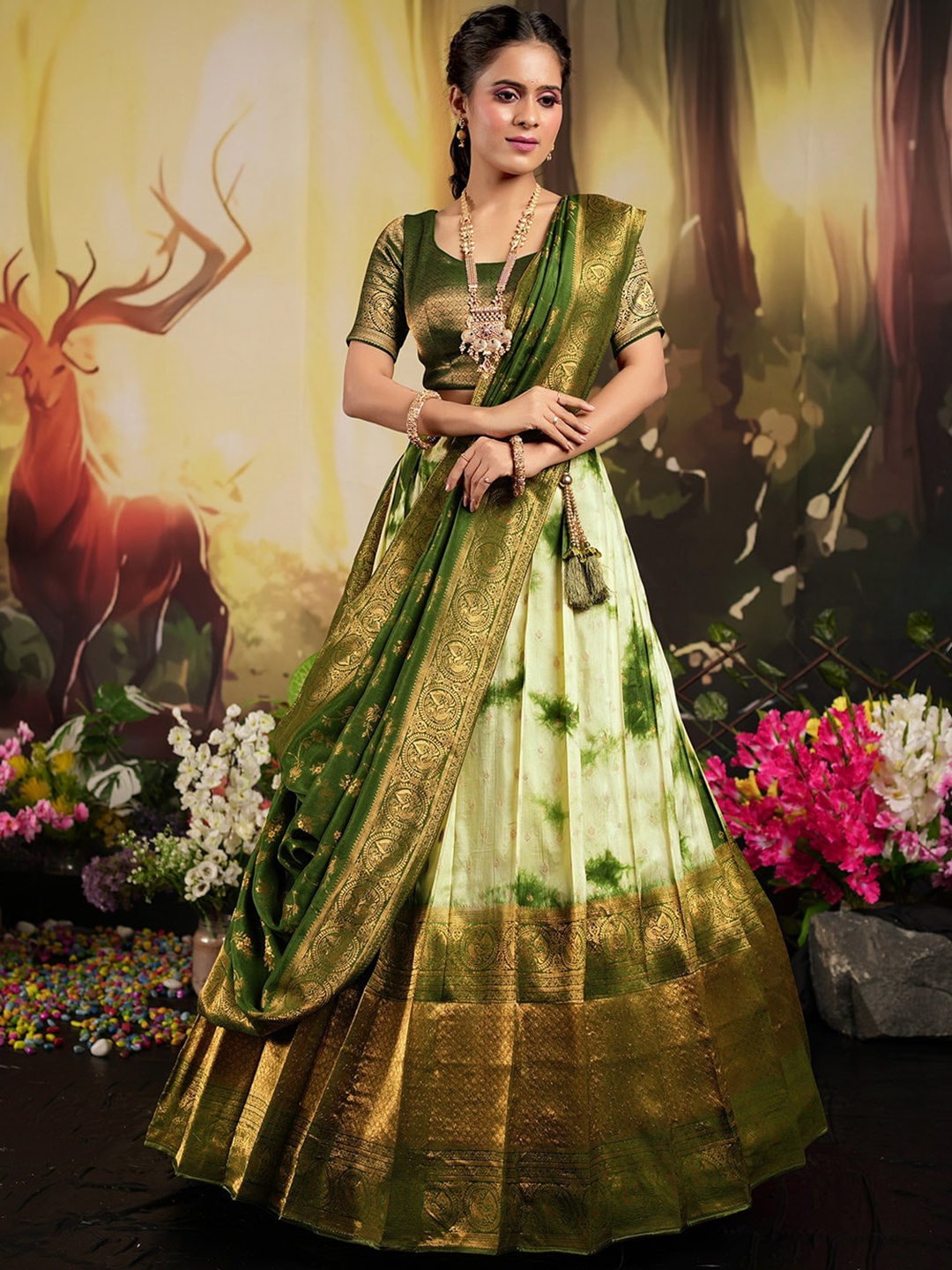 

HALFSAREE STUDIO Woven Design Semi-Stitched Lehenga & Unstitched Blouse With Dupatta, Olive