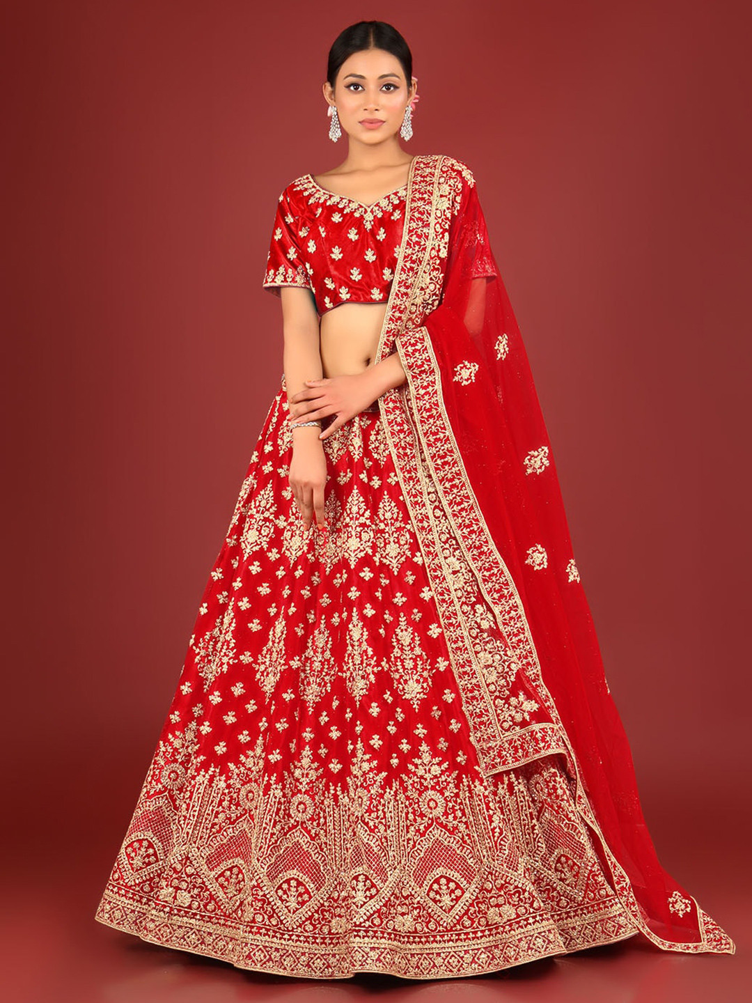 

HALFSAREE STUDIO Embroidered Semi-Stitched Lehenga & Unstitched Blouse With Dupatta, Red