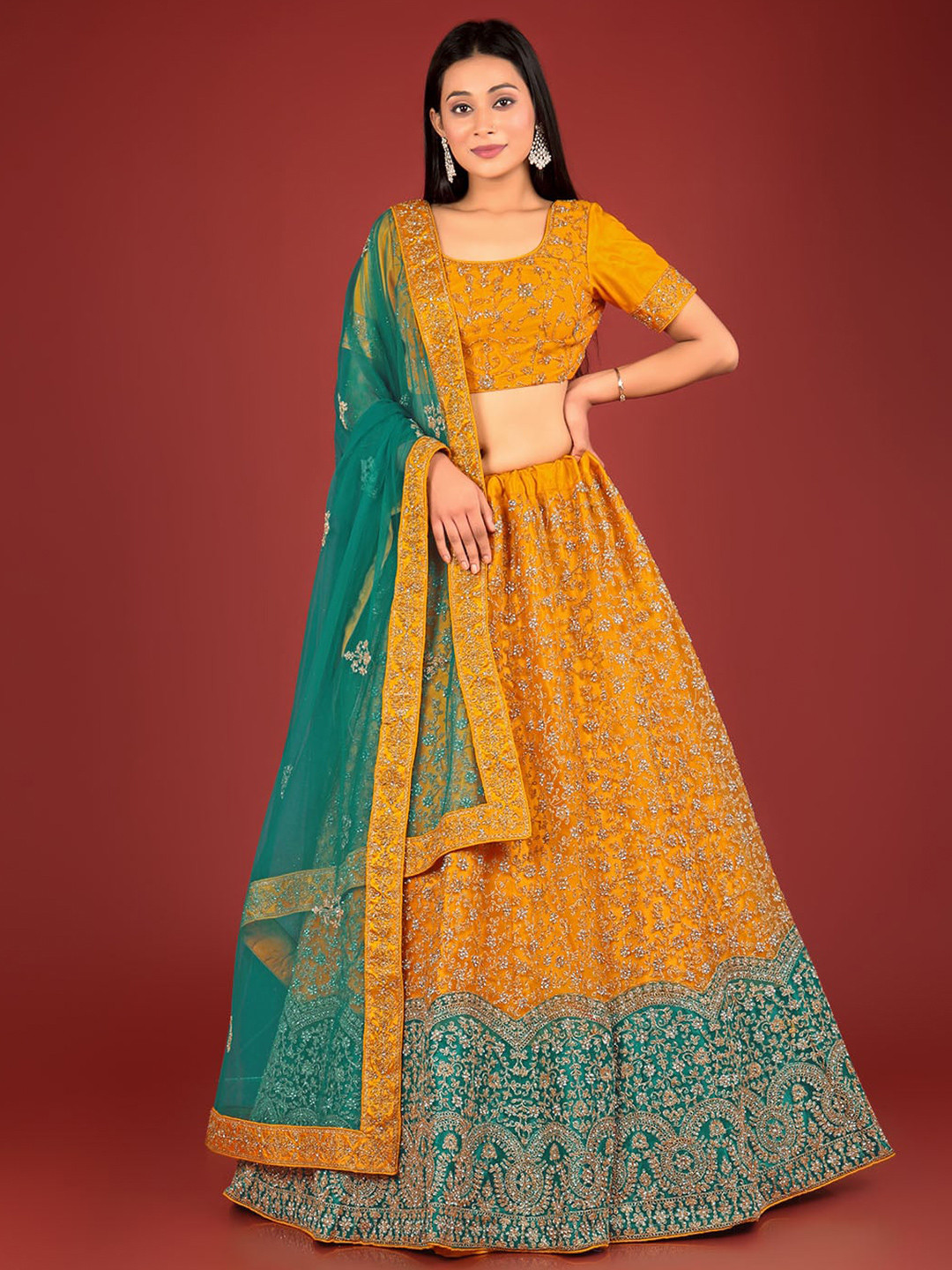 

HALFSAREE STUDIO Embroidered Zari Semi-Stitched Lehenga & Unstitched Blouse With Dupatta, Mustard